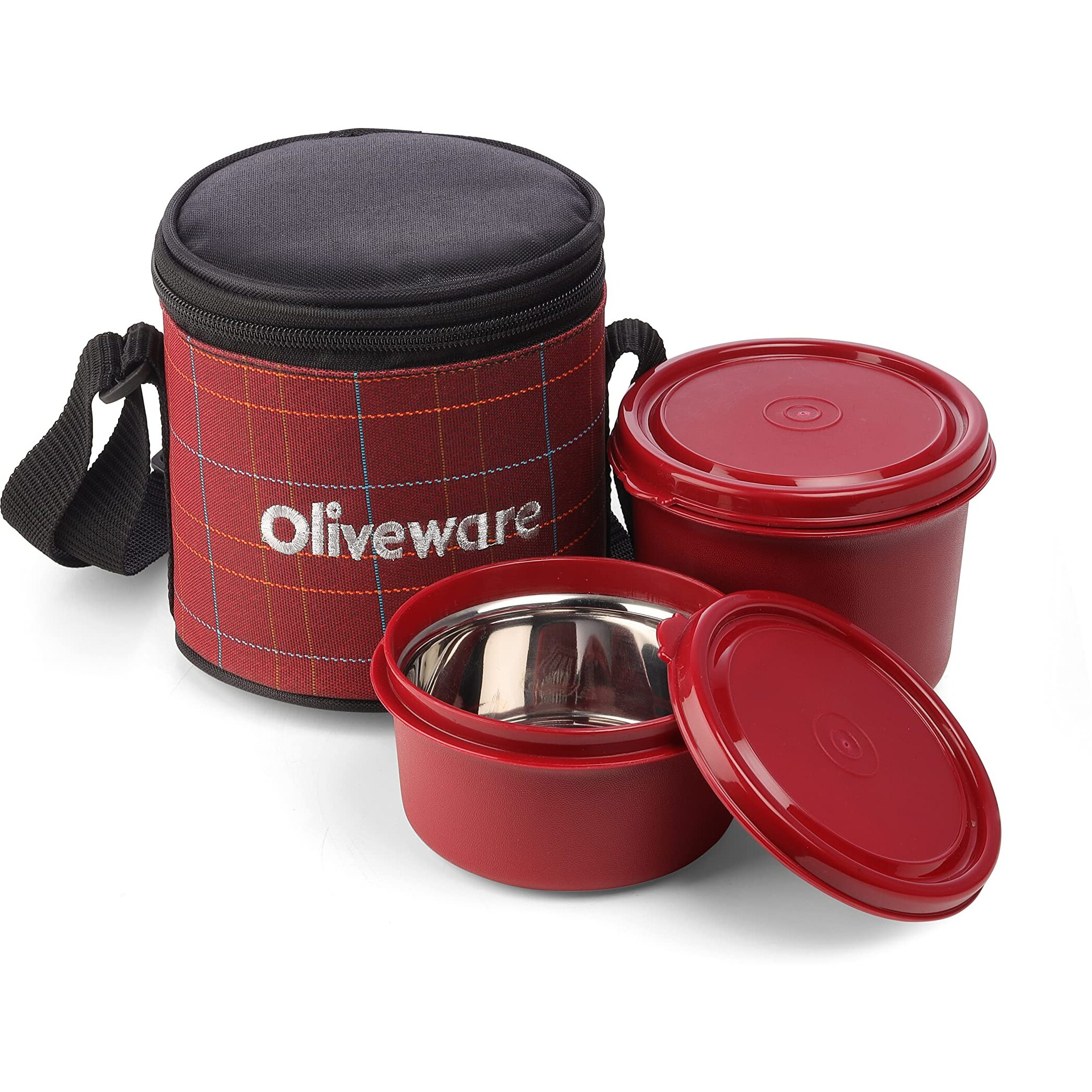 Oliveware Cleo Lunch Box, Microwave Safe & Leak Proof, 2 Inner Steel Containers With Bpa Free Airtight Lids (450Ml & 600Ml), Fabric Bag (Red)