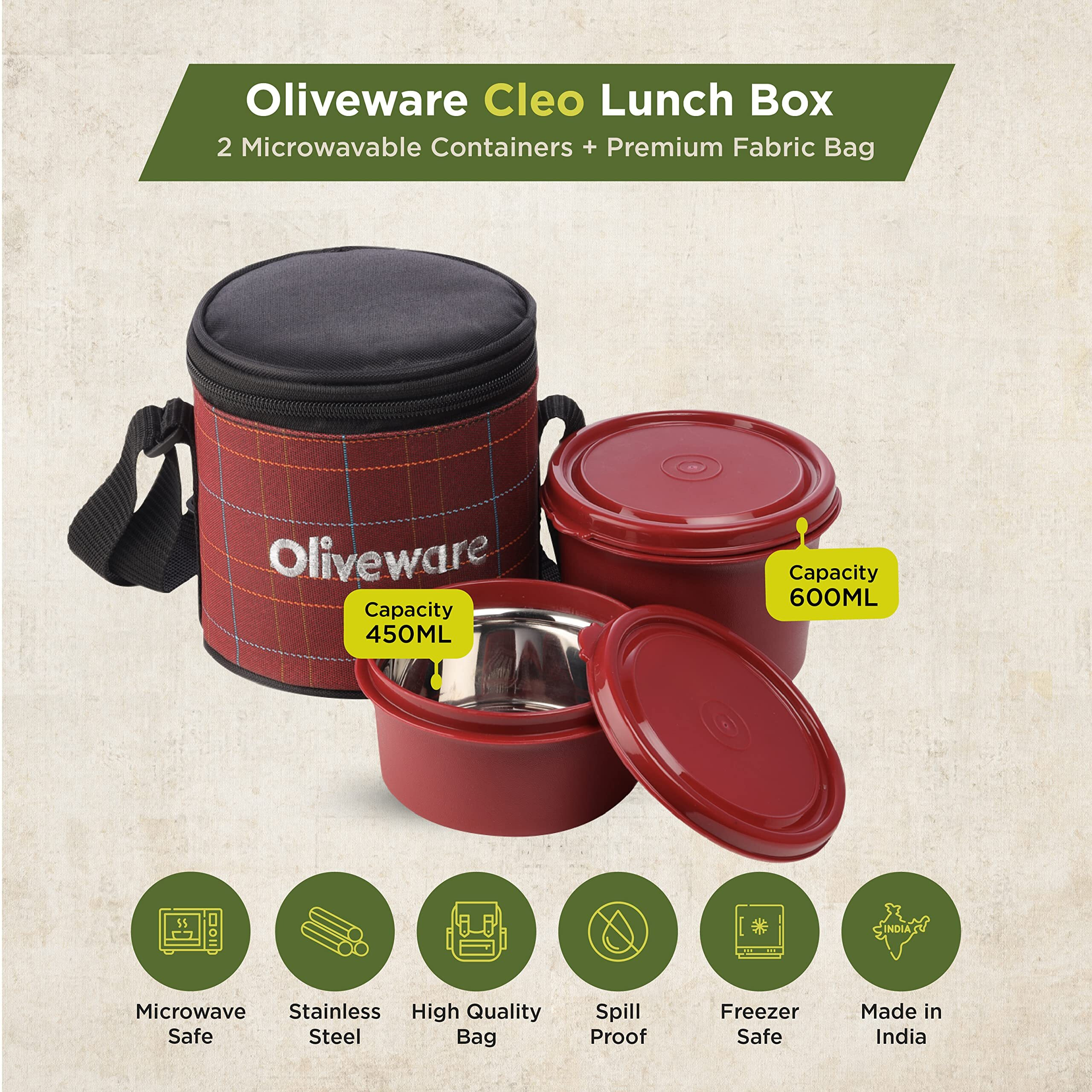 Oliveware Cleo Lunch Box, Microwave Safe & Leak Proof, 2 Inner Steel Containers With Bpa Free Airtight Lids (450Ml & 600Ml), Fabric Bag (Red)