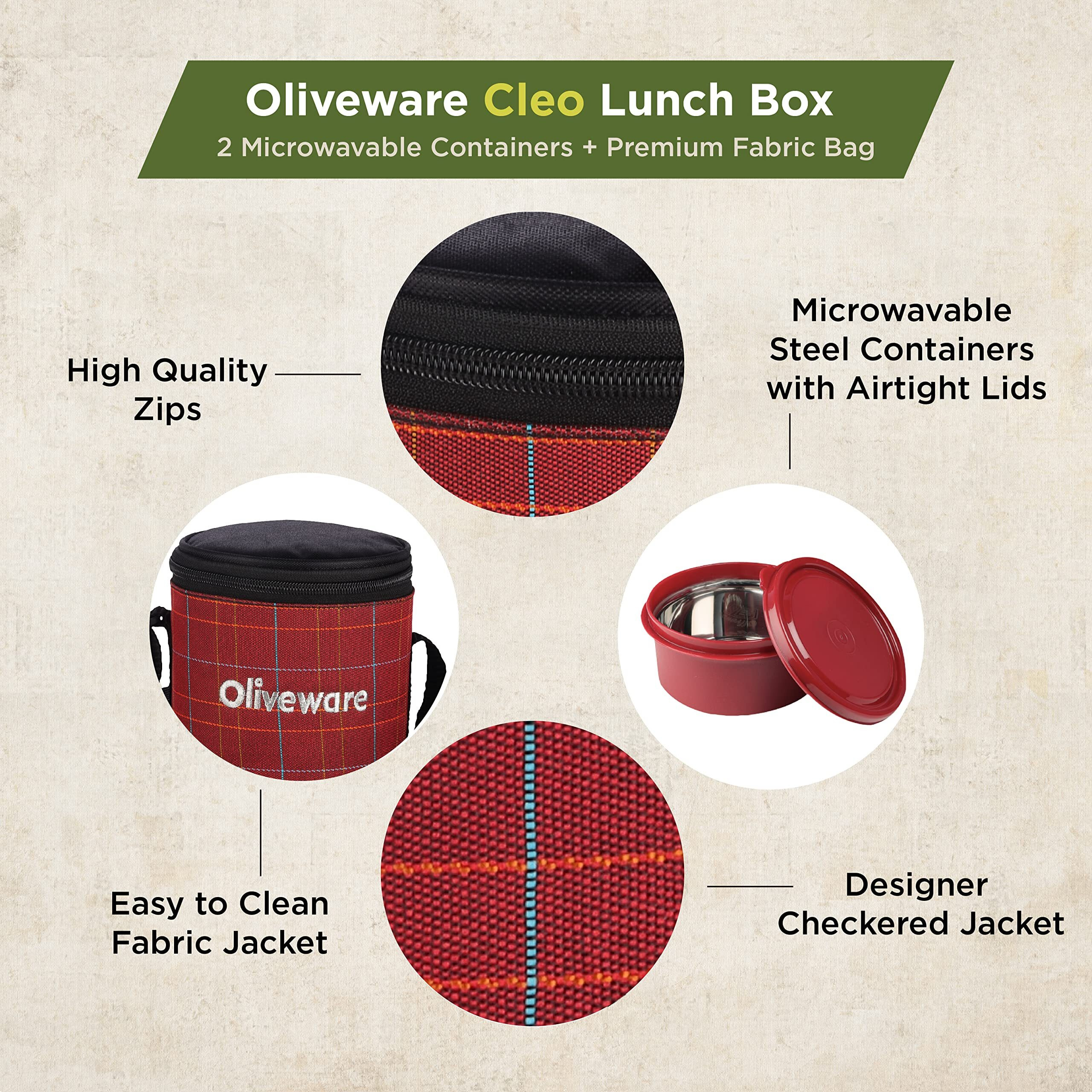 Oliveware Cleo Lunch Box, Microwave Safe & Leak Proof, 2 Inner Steel Containers With Bpa Free Airtight Lids (450Ml & 600Ml), Fabric Bag (Red)