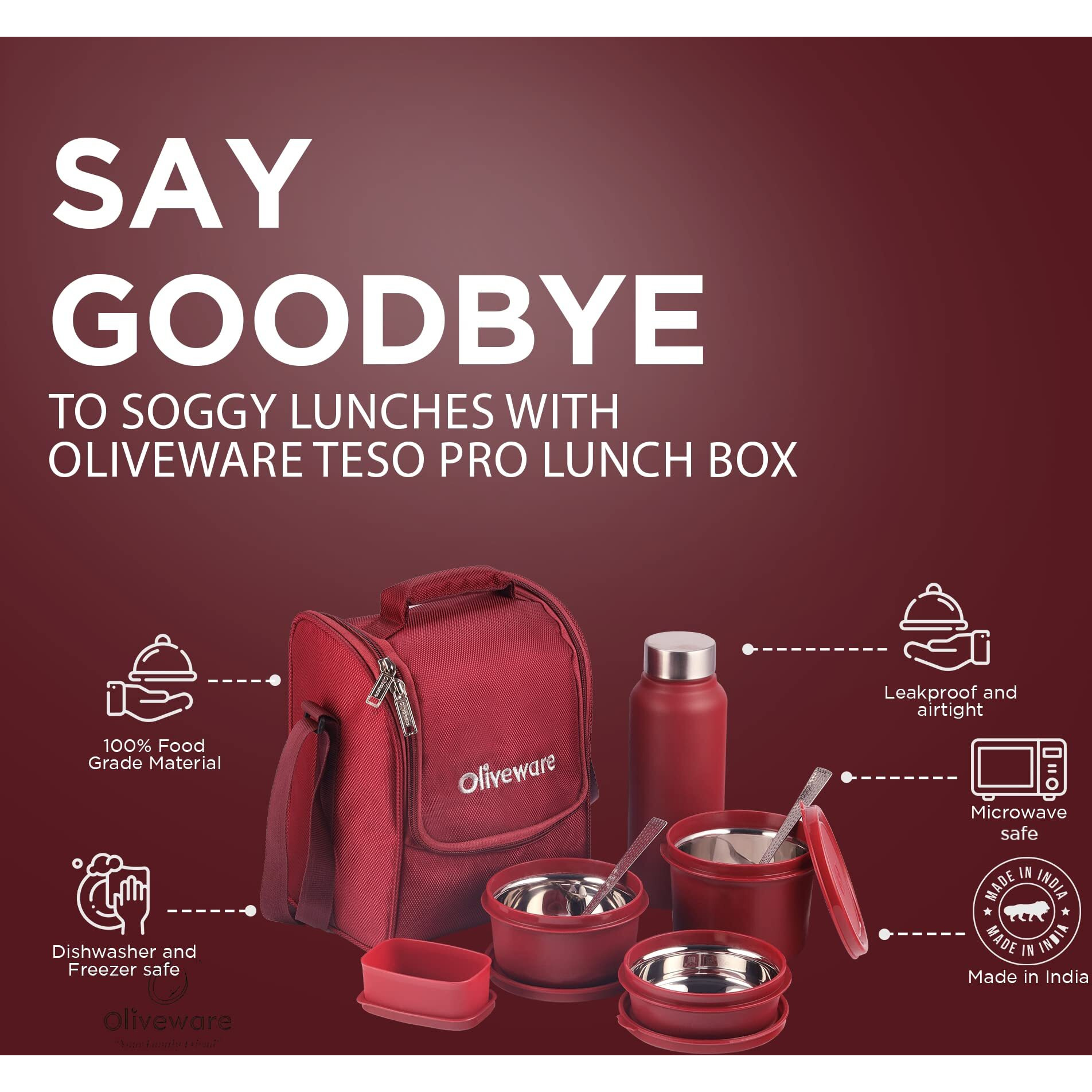 Sopl-Oliveware Teso Pro Lunch Box With Steel Cutlery | 3 Microwave Safe Inner Steel Containers With Bpa Free Lids (290Ml, 450Ml, 600Ml)Plastic Pickle Box(130Ml)Steel Water Bottle(750Ml)-Maroon,600 Ml