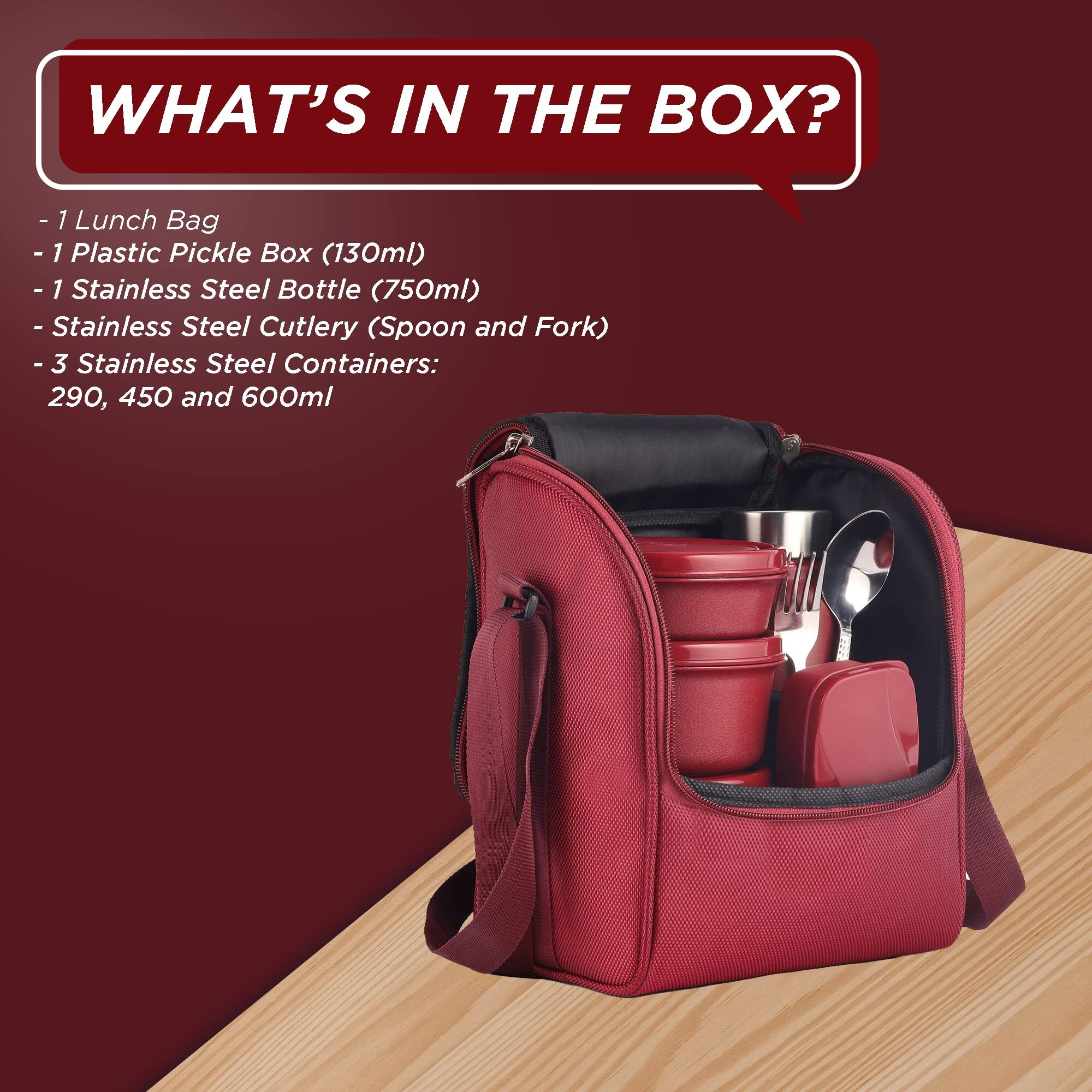 Sopl-Oliveware Teso Pro Lunch Box With Steel Cutlery | 3 Microwave Safe Inner Steel Containers With Bpa Free Lids (290Ml, 450Ml, 600Ml)Plastic Pickle Box(130Ml)Steel Water Bottle(750Ml)-Maroon,600 Ml