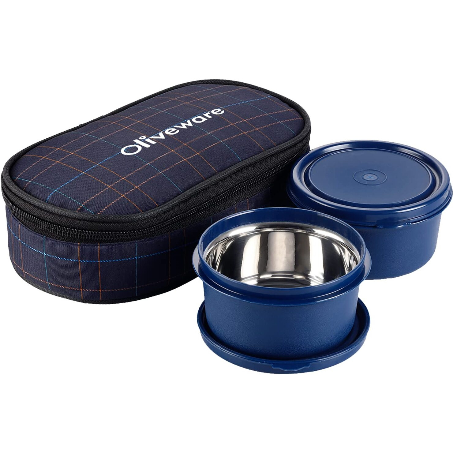 Oliveware Deniz Lunch Box, 2 Inner Steel Containers (450 Ml Each), Leak Proof & Microwave Safe, Insulated Fabric Bag, Full Meal & Easy To Carry (Blue)