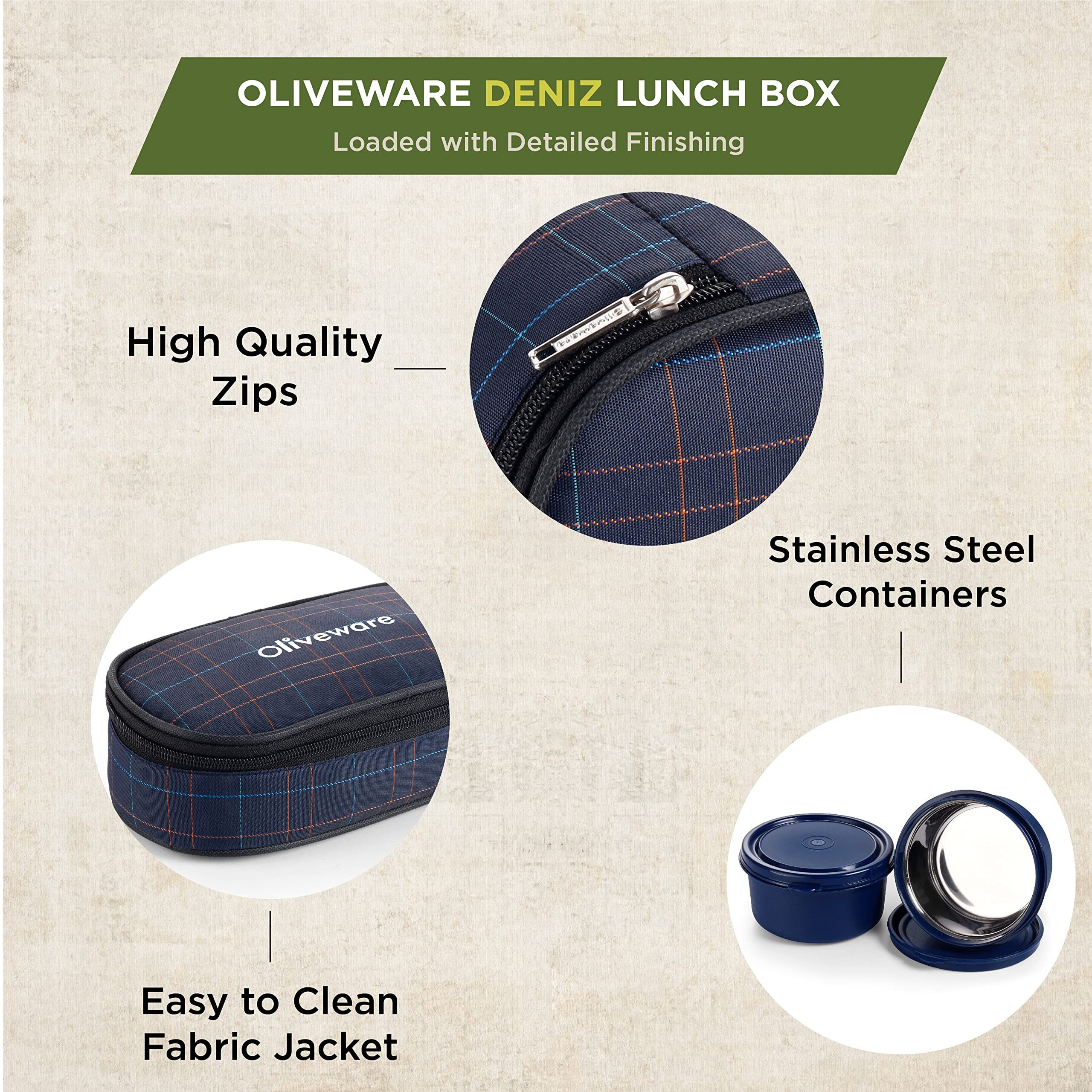 Oliveware Deniz Lunch Box, 2 Inner Steel Containers (450 Ml Each), Leak Proof & Microwave Safe, Insulated Fabric Bag, Full Meal & Easy To Carry (Blue)