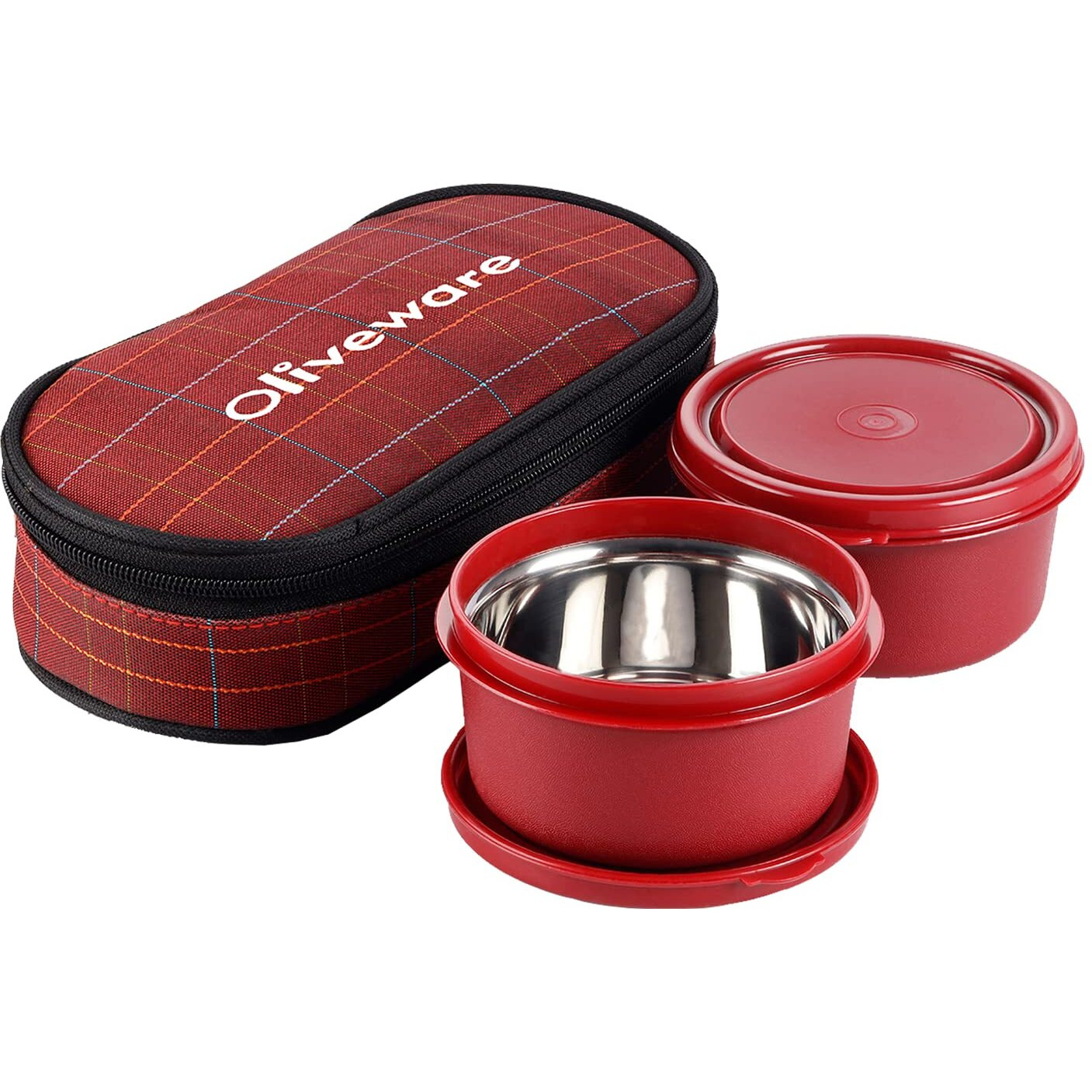 Oliveware Deniz Lunch Box, 2 Inner Steel Containers (450 Ml Each), Leak Proof & Microwave Safe, Insulated Fabric Bag, Full Meal & Easy To Carry (Red)