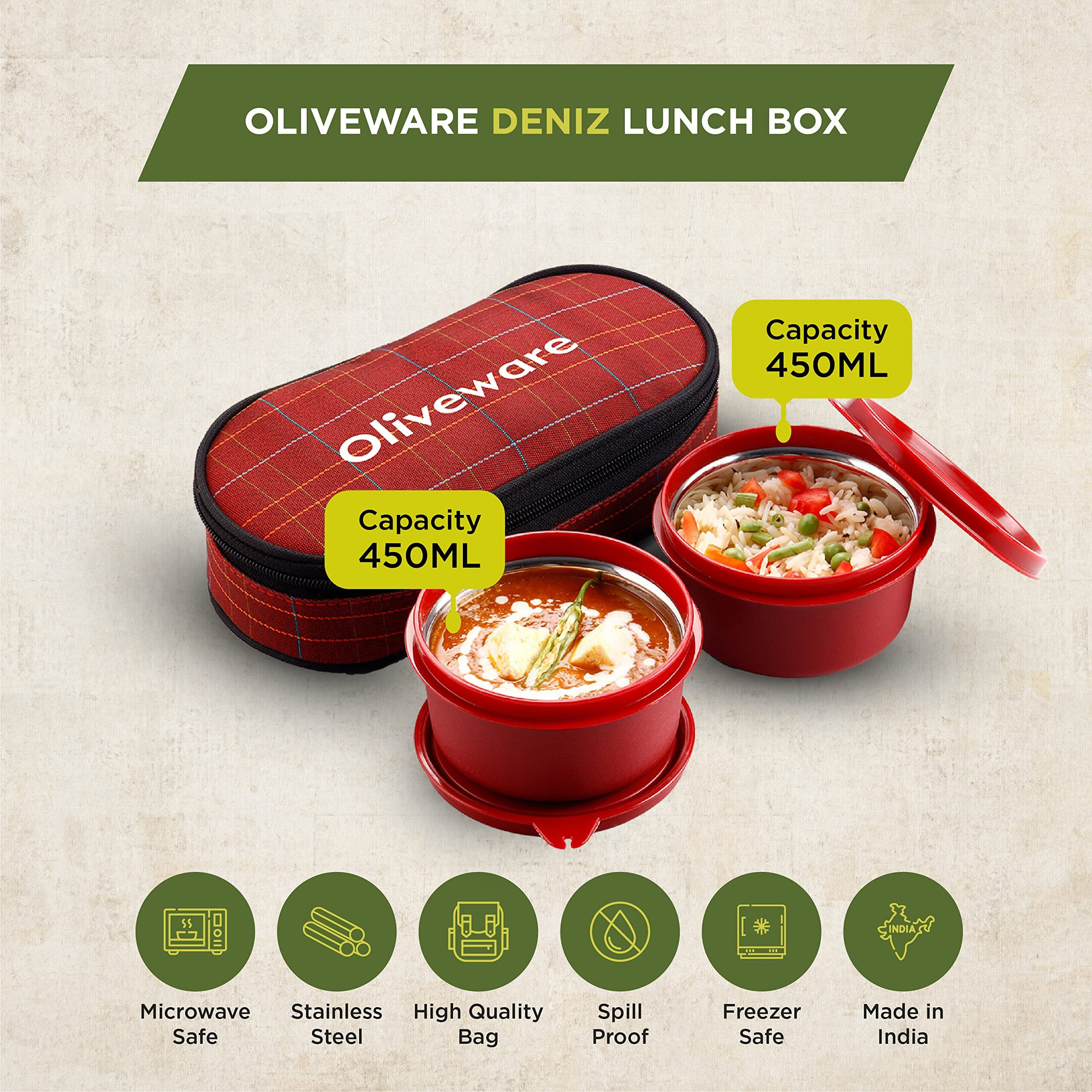Oliveware Deniz Lunch Box, 2 Inner Steel Containers (450 Ml Each), Leak Proof & Microwave Safe, Insulated Fabric Bag, Full Meal & Easy To Carry (Red)