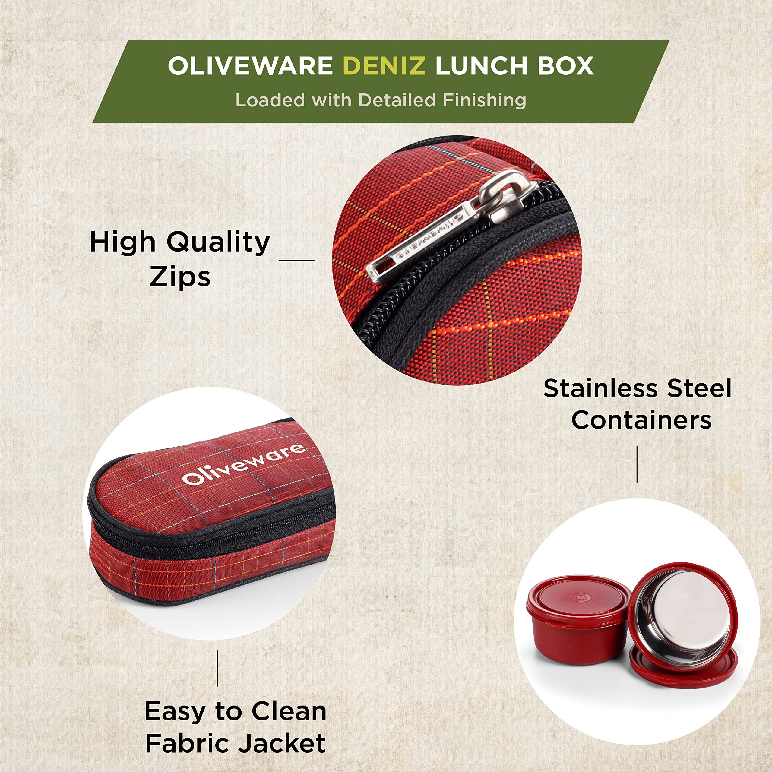 Oliveware Deniz Lunch Box, 2 Inner Steel Containers (450 Ml Each), Leak Proof & Microwave Safe, Insulated Fabric Bag, Full Meal & Easy To Carry (Red)