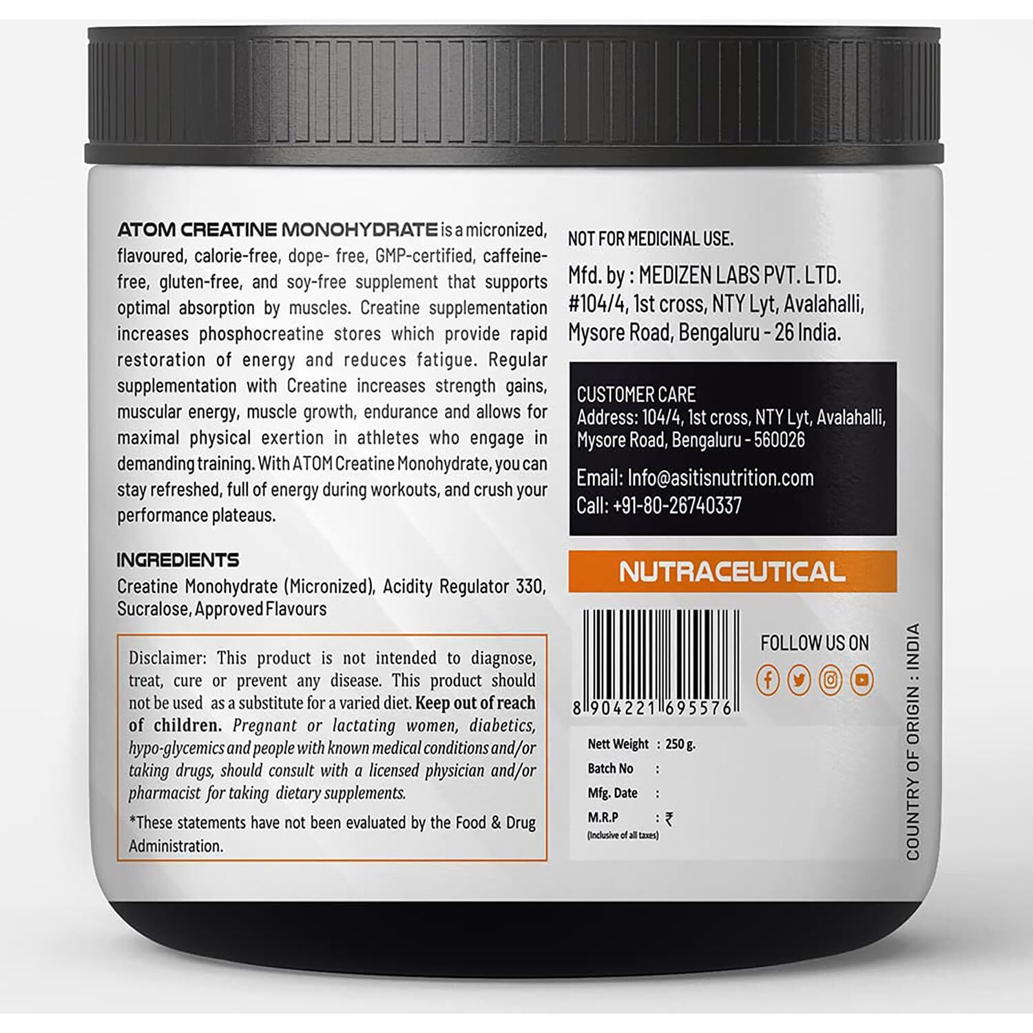 Asitis Nutrition Atom Creatine Monohydrate Powder 250G - 80 Servings | Dope Free | Enhances Performance | Promotes Muscle Gains | Blue Razz Flavour