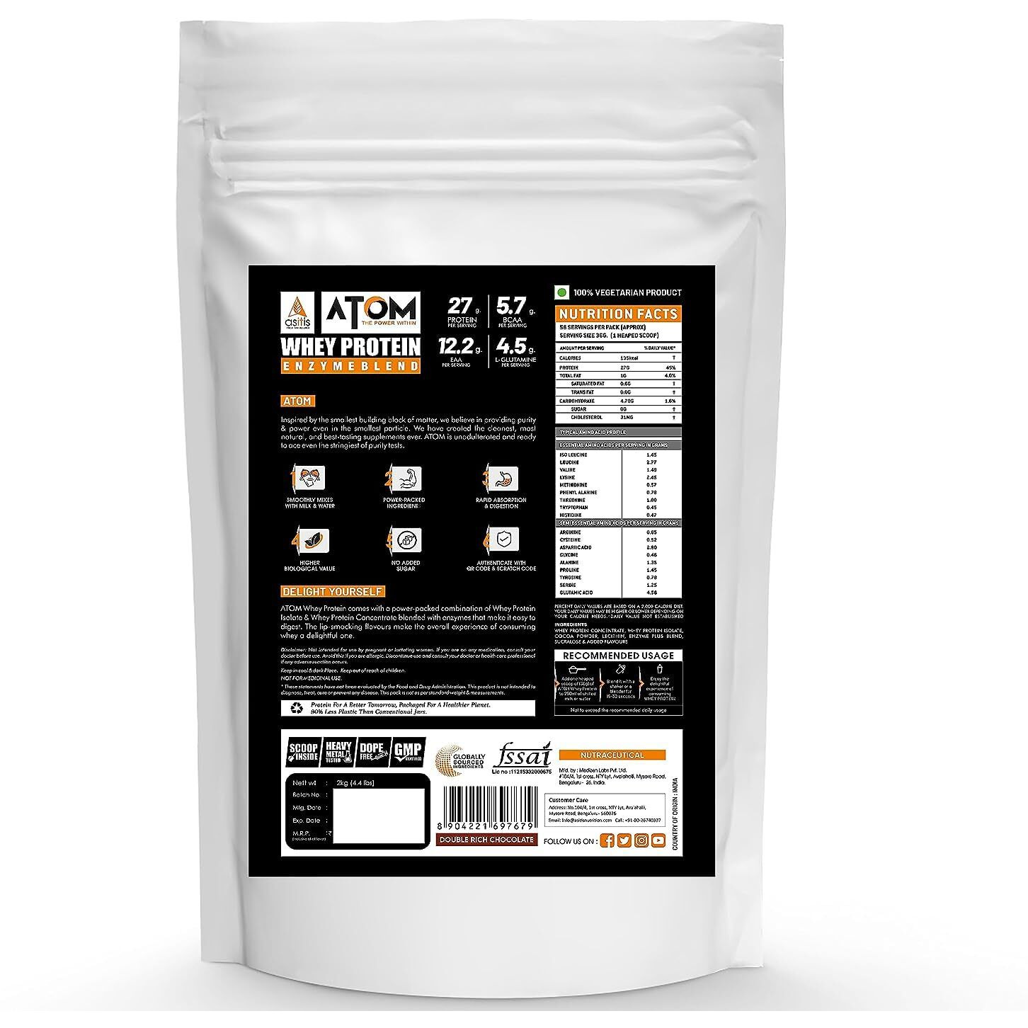 As-It-Is Atom Whey Protein 2Kg | 27G Protein | Isolate & Concentrate | Double Rich Chocolate | Usa Labdoor Certified | With Digestive Enzymes For Better Absorption