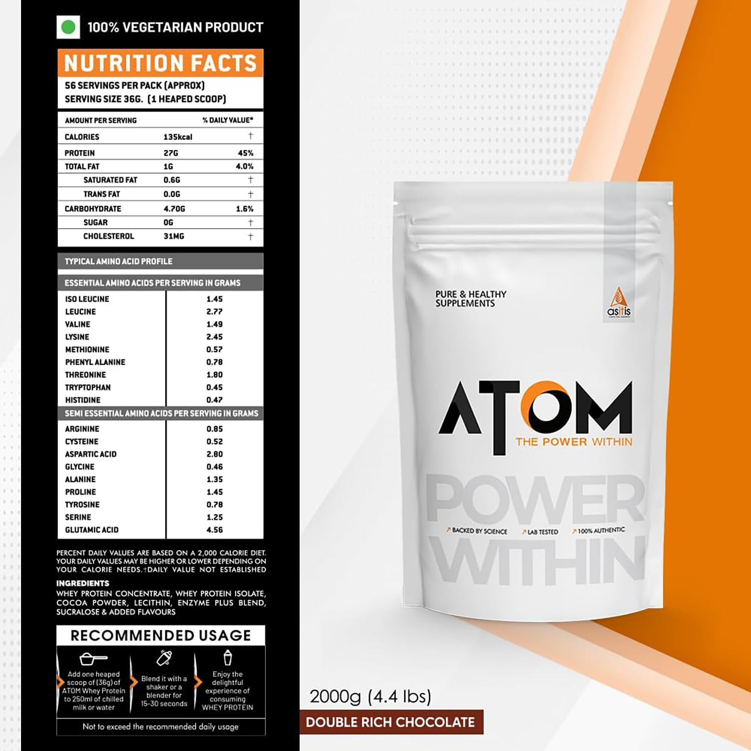 As-It-Is Atom Whey Protein 2Kg | 27G Protein | Isolate & Concentrate | Double Rich Chocolate | Usa Labdoor Certified | With Digestive Enzymes For Better Absorption