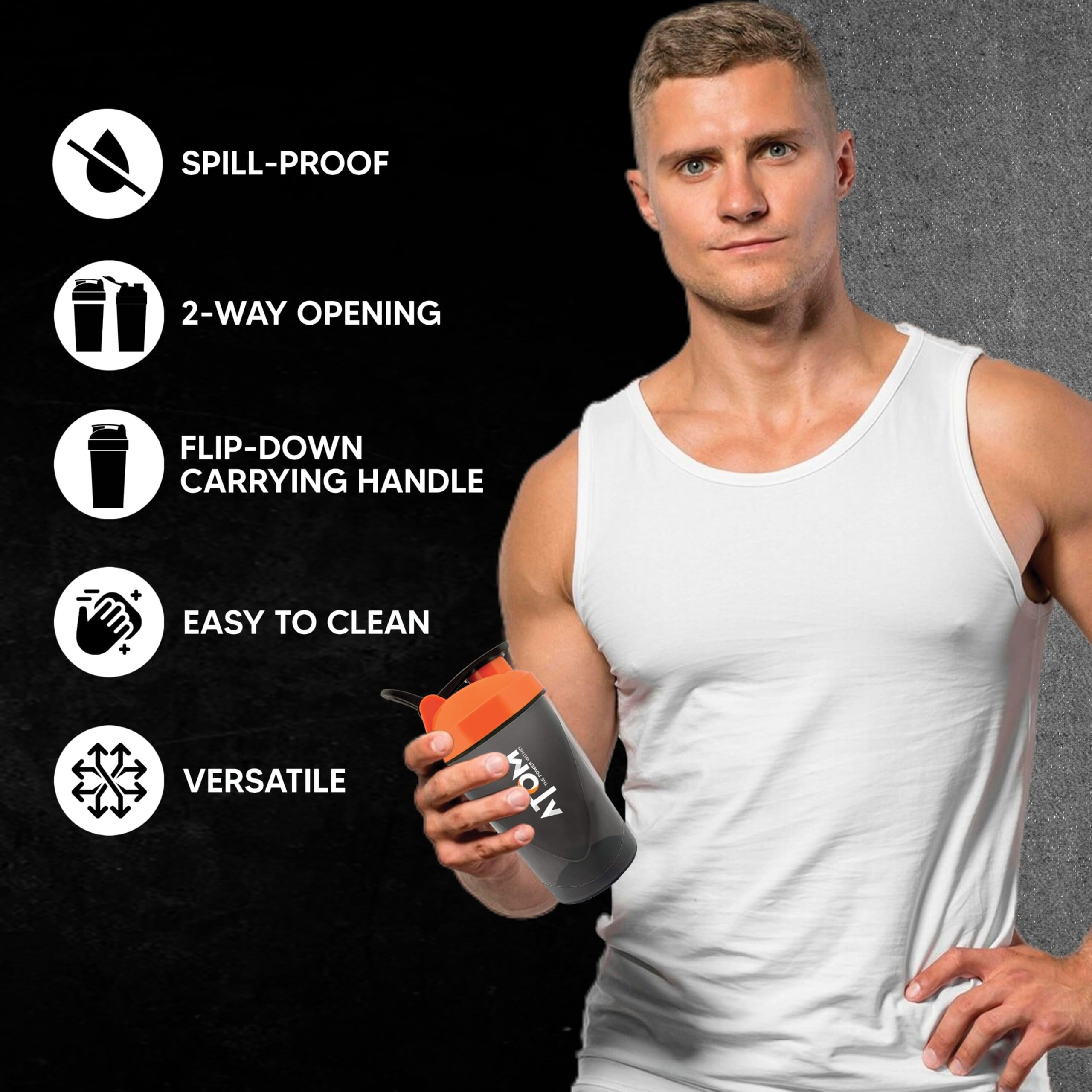 As-It-Is Nutrition Atom Protein Gym Shaker For Lump Free Shakes With Mixer Ball, 100% Leak Proof, Bpa Free, Food Grade Plastic, With Measurement, 470Ml