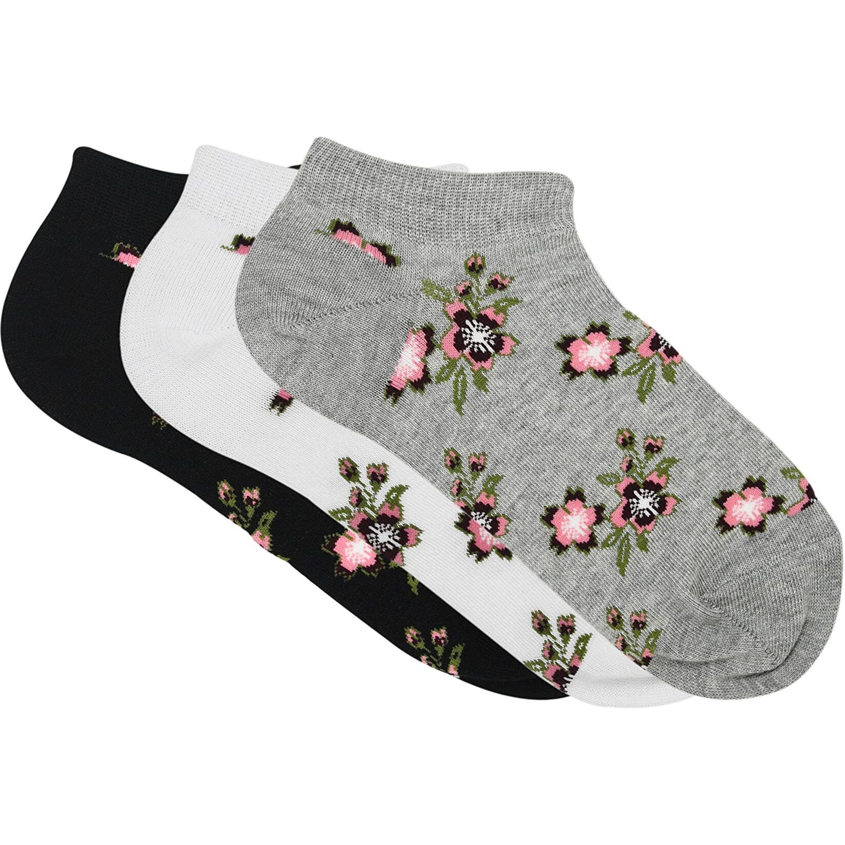 Balenzia Women's Floral Design Low Cut Socks (Free Size) Made With 100% Combed Cotton And Spandex (Multicolour)- Pack Of 3 Socks - Black, White, Light Grey