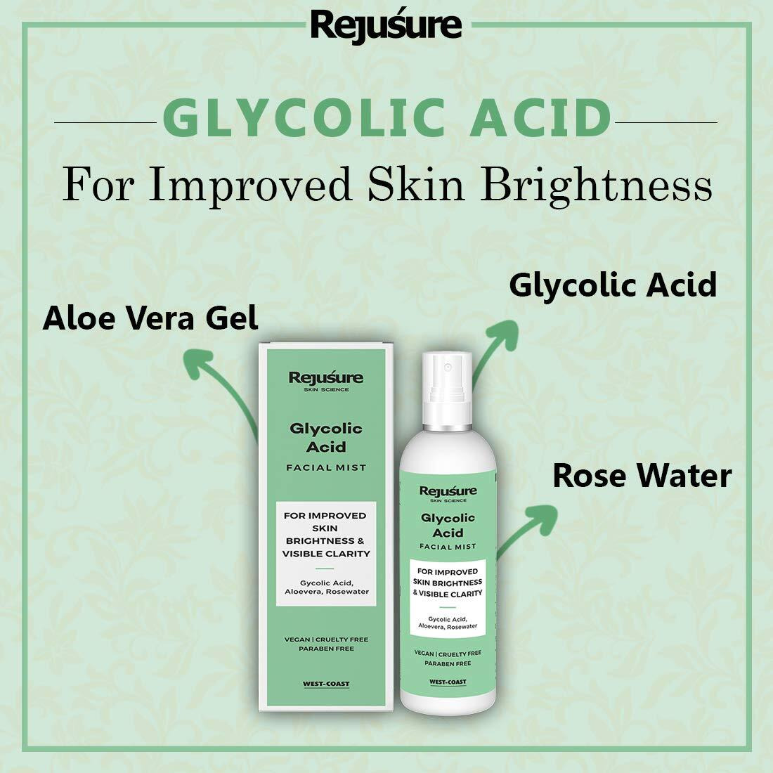 Rejusure Glycolic Acid Face Mist - Exfoliating & Hydrating Facial Spray | Skin Brightness & Clarity - 100Ml