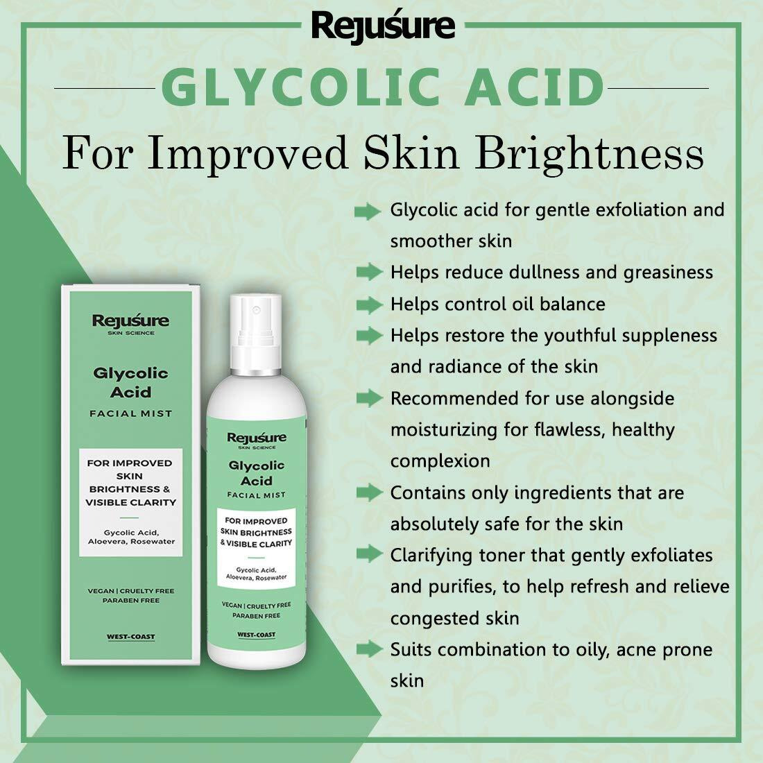 Rejusure Glycolic Acid Face Mist - Exfoliating & Hydrating Facial Spray | Skin Brightness & Clarity - 100Ml