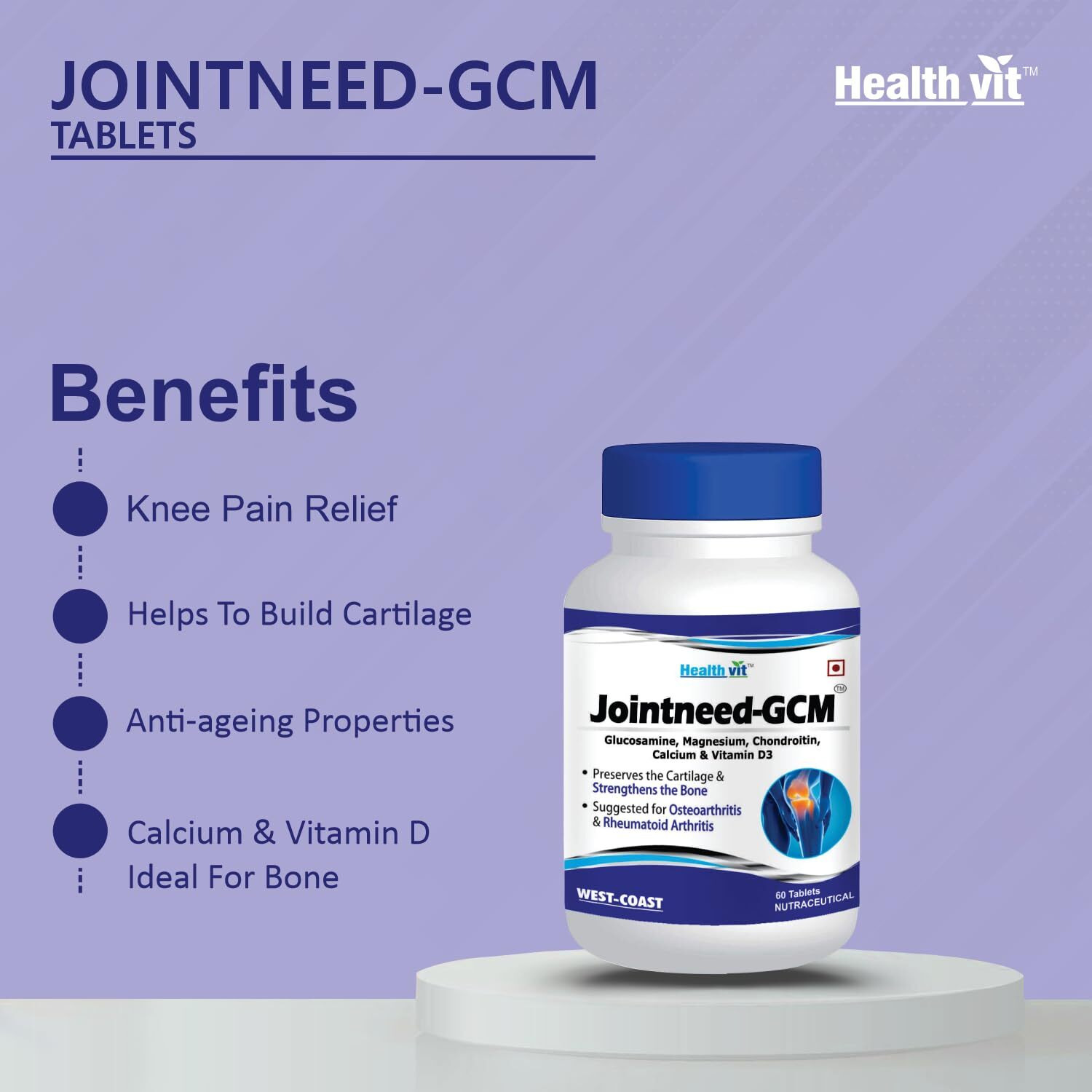Healthvit Jointneed-Gcm With Glucosamine, Magnesium, Chondroitin, Calcium & Vitamin D Ideal For Bone, Muscle Health & Joint Support Of Men & Women - Tablets 60 Count