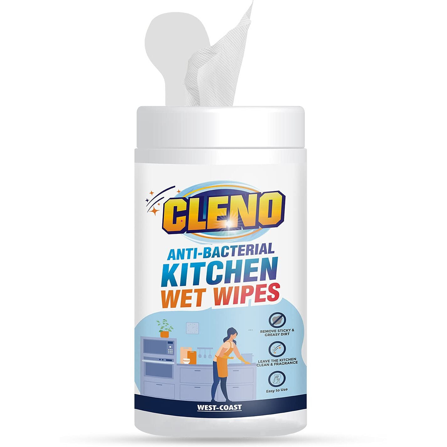 Cleno Kitchen Wet Wipes To Clean Sticky, Greasy Dirt On Platform, Shelves, Jars, Floor & Sink - 50 Wipes (Ready To Use)