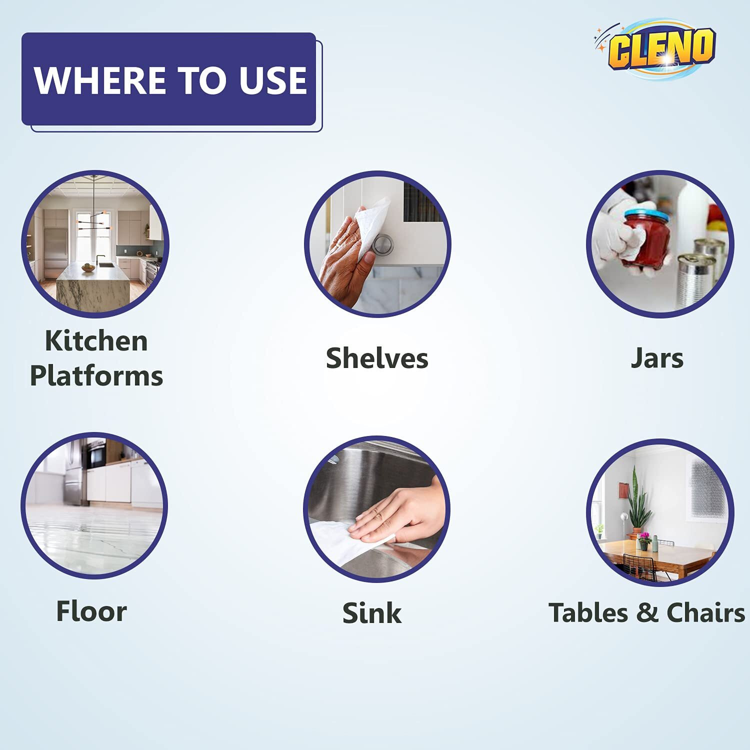 Cleno Kitchen Wet Wipes To Clean Sticky, Greasy Dirt On Platform, Shelves, Jars, Floor & Sink - 50 Wipes (Ready To Use)