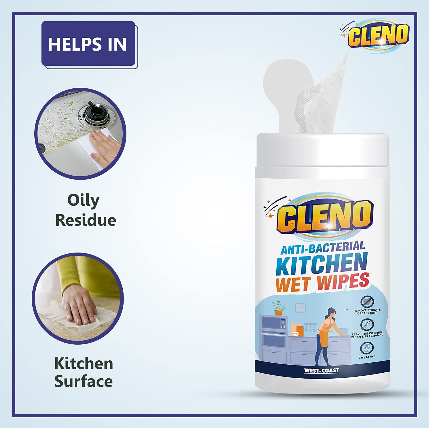 Cleno Kitchen Wet Wipes To Clean Sticky, Greasy Dirt On Platform, Shelves, Jars, Floor & Sink - 50 Wipes (Ready To Use)