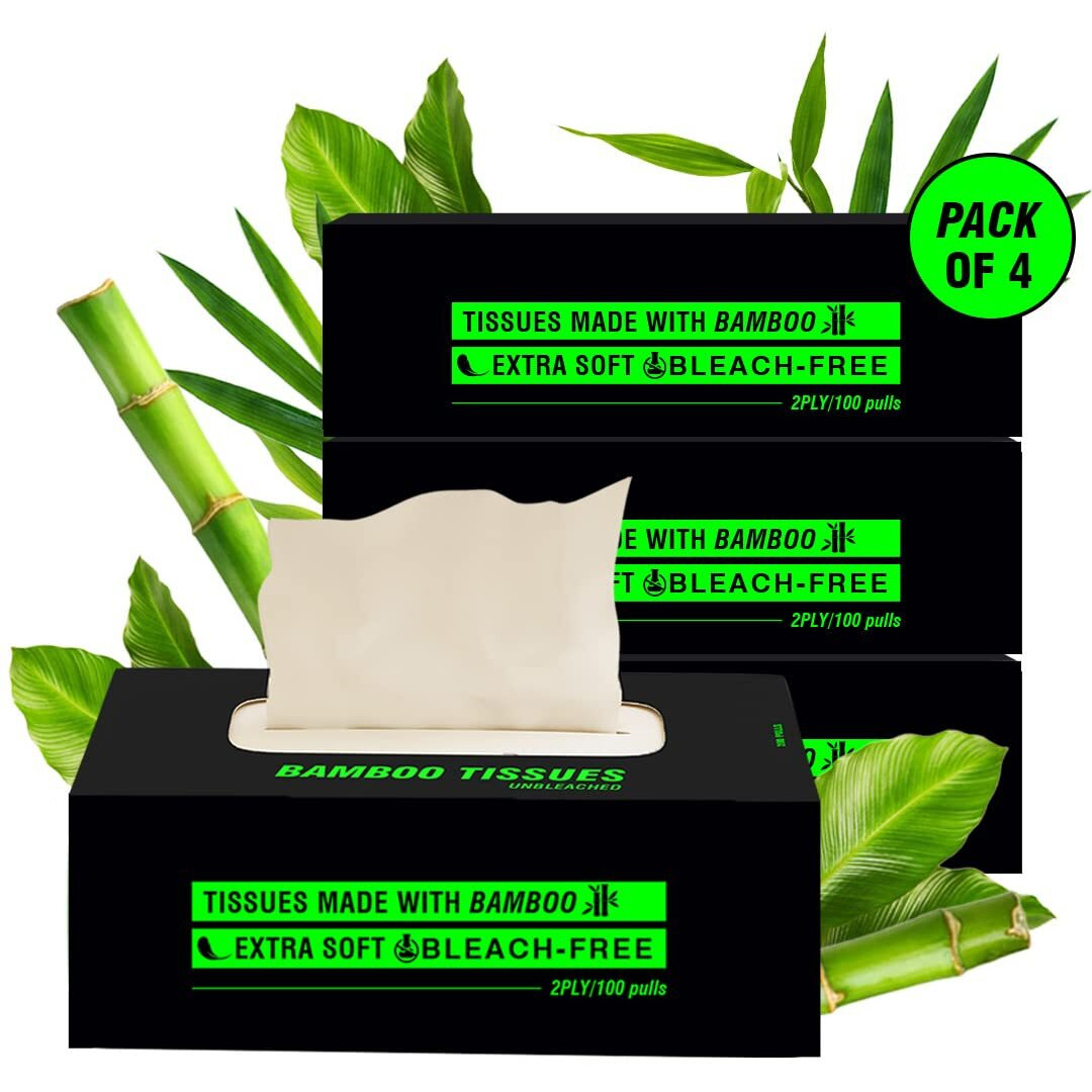 Beco Bamboo Super Soft 2-Ply Car Tissue Box| Facial Tissue-100 Pulls X 4 Packs (400 Pulls) | 100% Natural & Ecofriendly