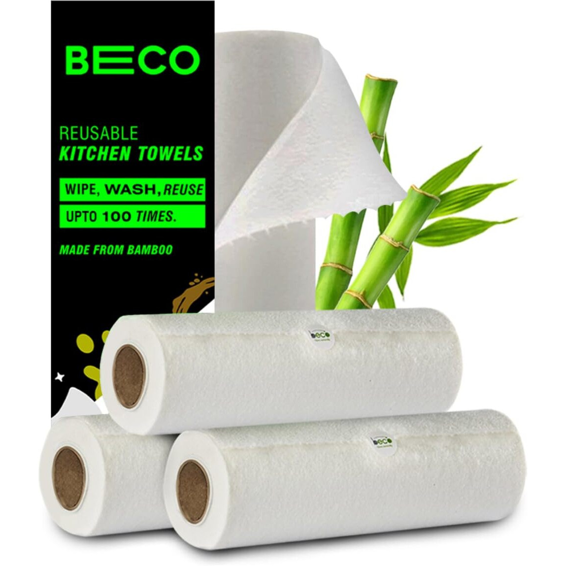 Beco Bamboo Reusable Kitchen Towels, 80 Sheets, 100% Natural And Ecofriendly Alternative To Tissue Papers