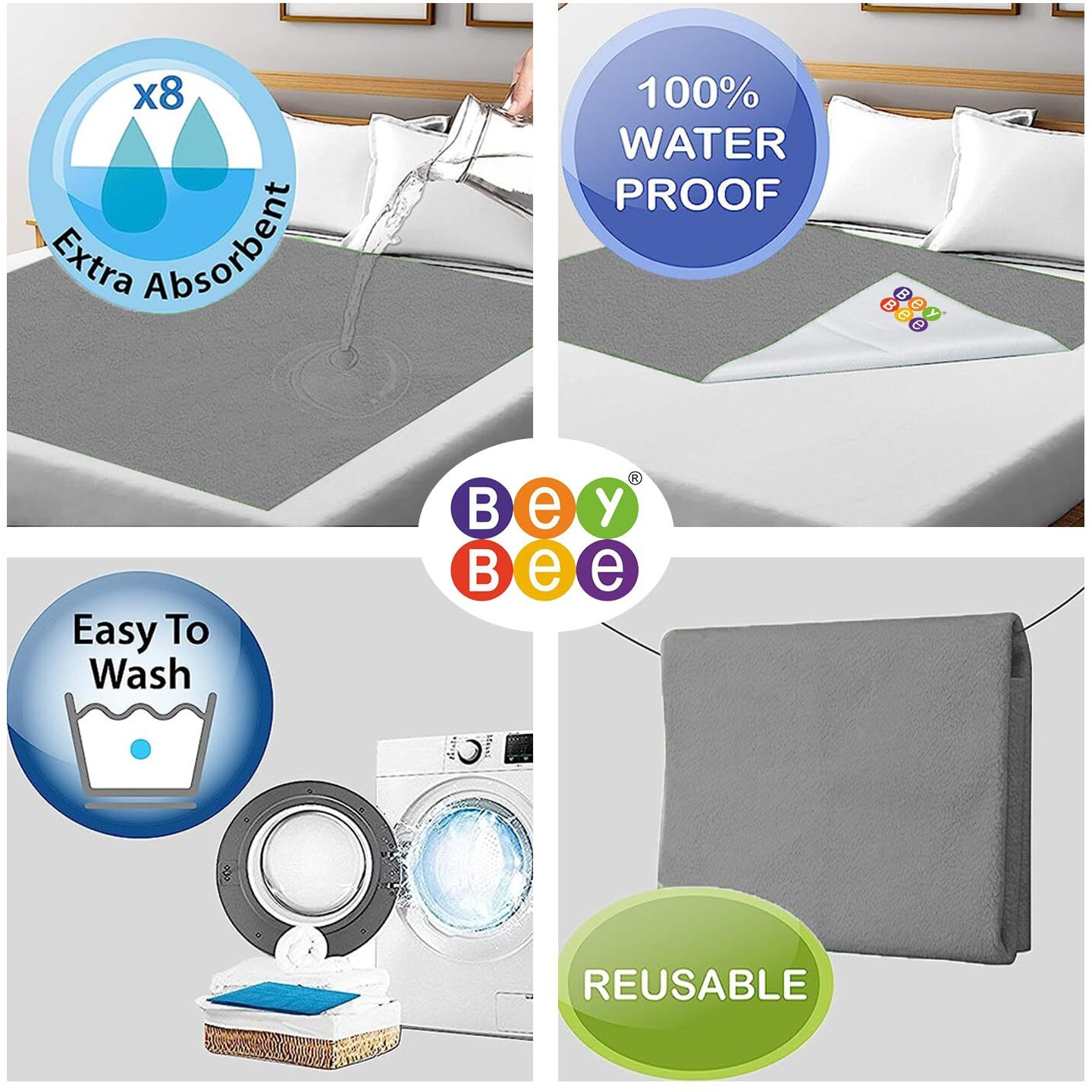 Beybee Waterproof Quick Dry Sheet For Baby| Bed Pad Anti-Piling Fleece Extra Absorbent Washable Matress Protector| Baby Bed Protector Sheet For Toddler Children, Medium Size, 100X70Cm, Grey