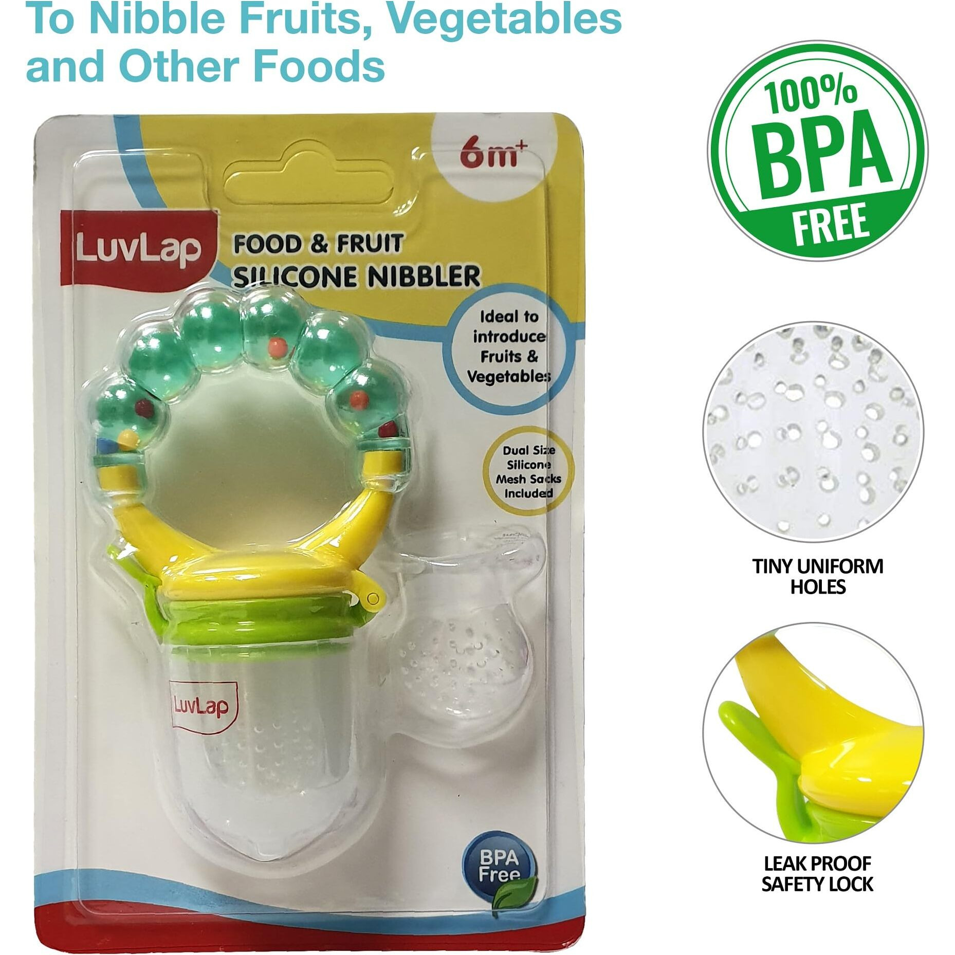 Luvlap Silicone Food/Fruit Nibbler With Extra Mesh, Soft Pacifier/Feeder, Teether For Infant Baby, Infant, Pearly Green, Bpa Free
