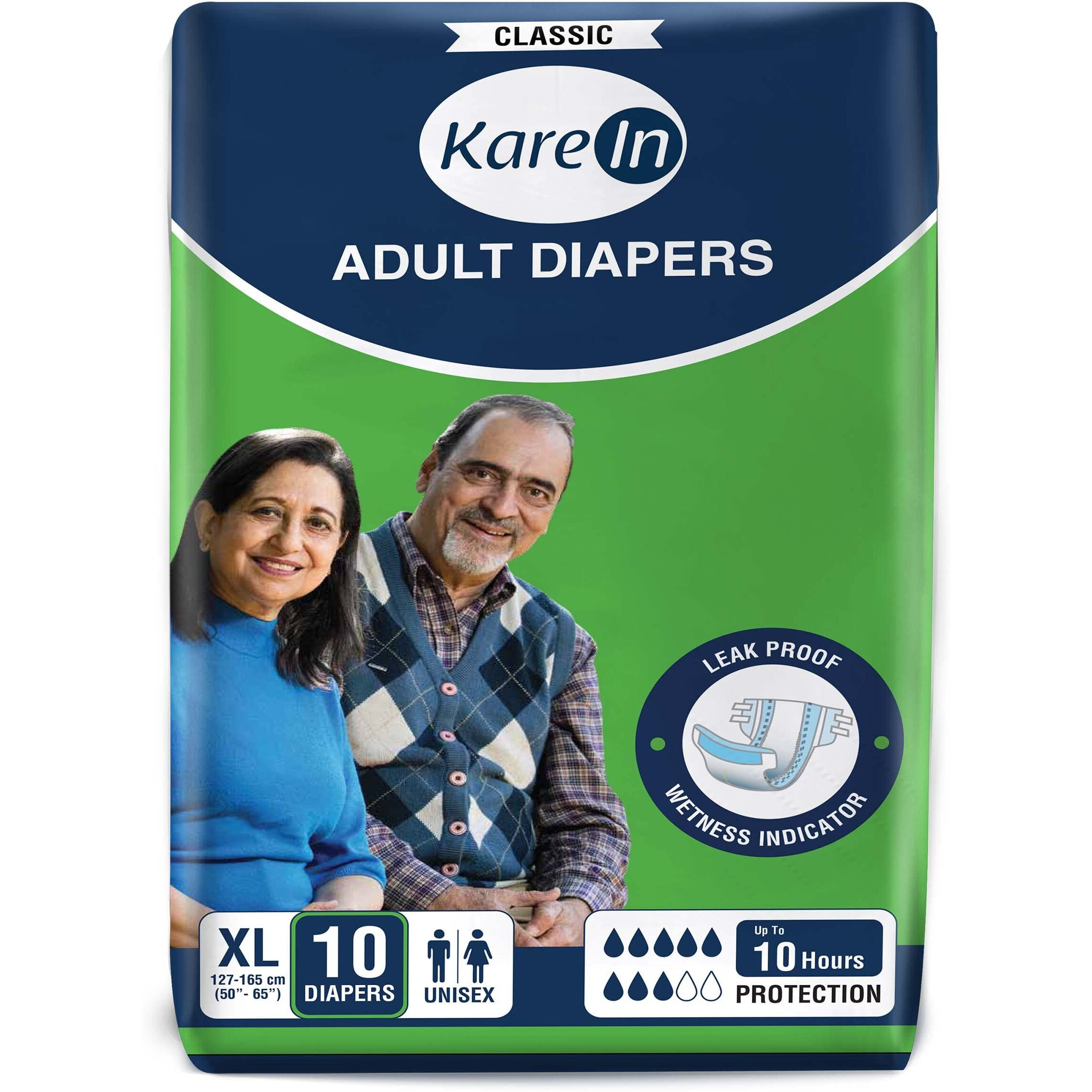 Karein Classic Adult Diapers, Extra Large, Waist Size 127-165 Cm (50"-65"), 10 Count, Tape Style, Unisex, High Absorbency, Leak Proof, Wetness Indicator