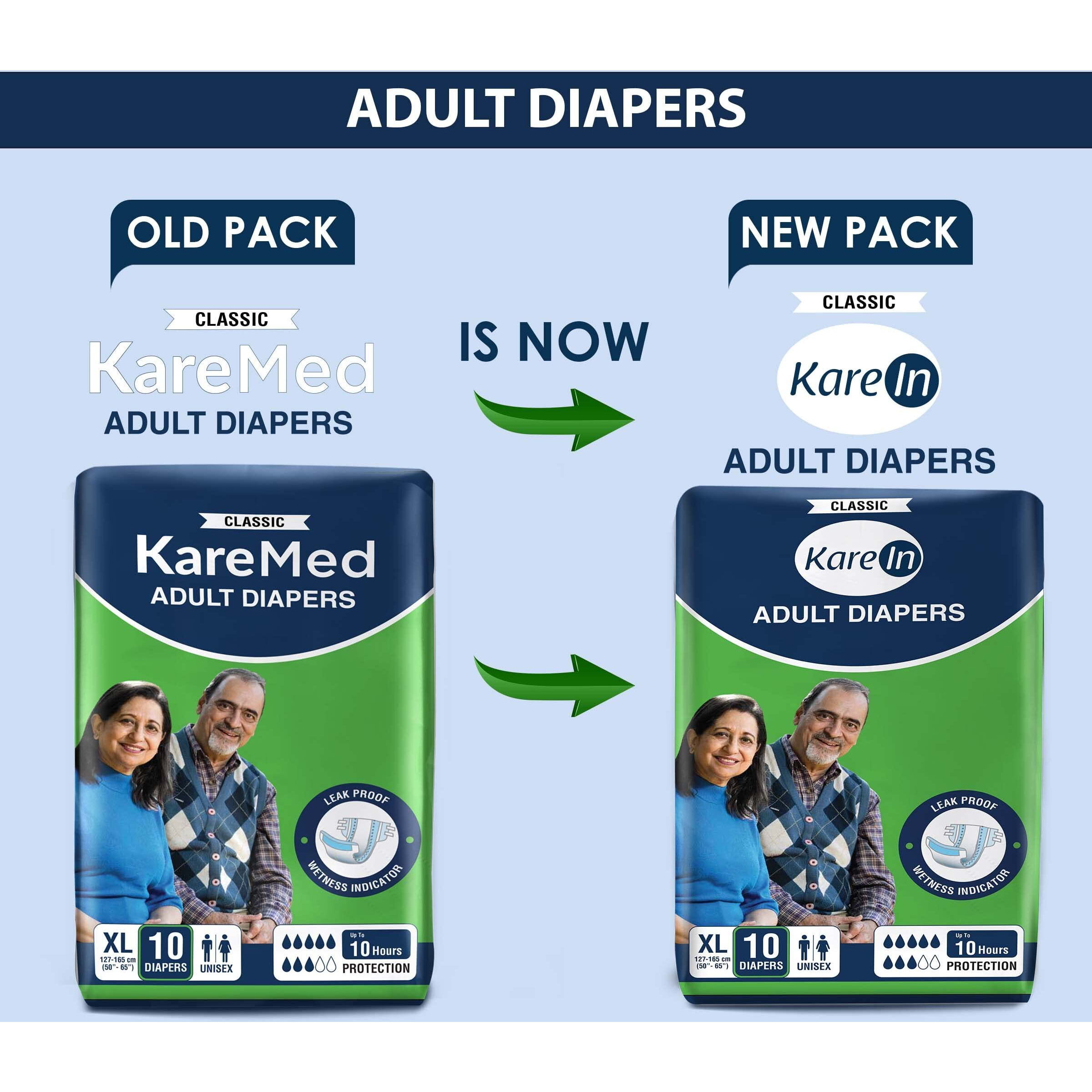 Karein Classic Adult Diapers, Extra Large, Waist Size 127-165 Cm (50"-65"), 10 Count, Tape Style, Unisex, High Absorbency, Leak Proof, Wetness Indicator