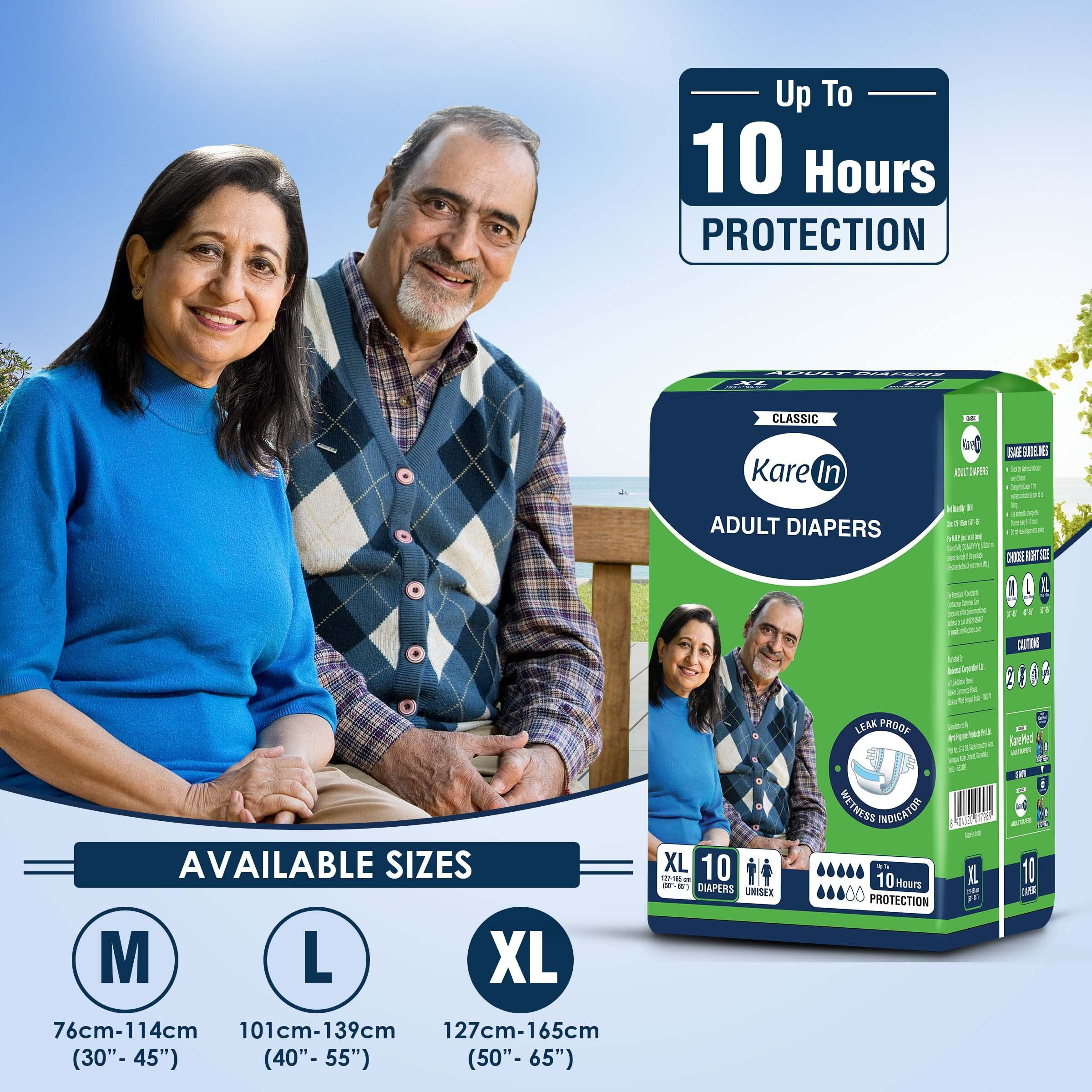 Karein Classic Adult Diapers, Extra Large, Waist Size 127-165 Cm (50"-65"), 10 Count, Tape Style, Unisex, High Absorbency, Leak Proof, Wetness Indicator