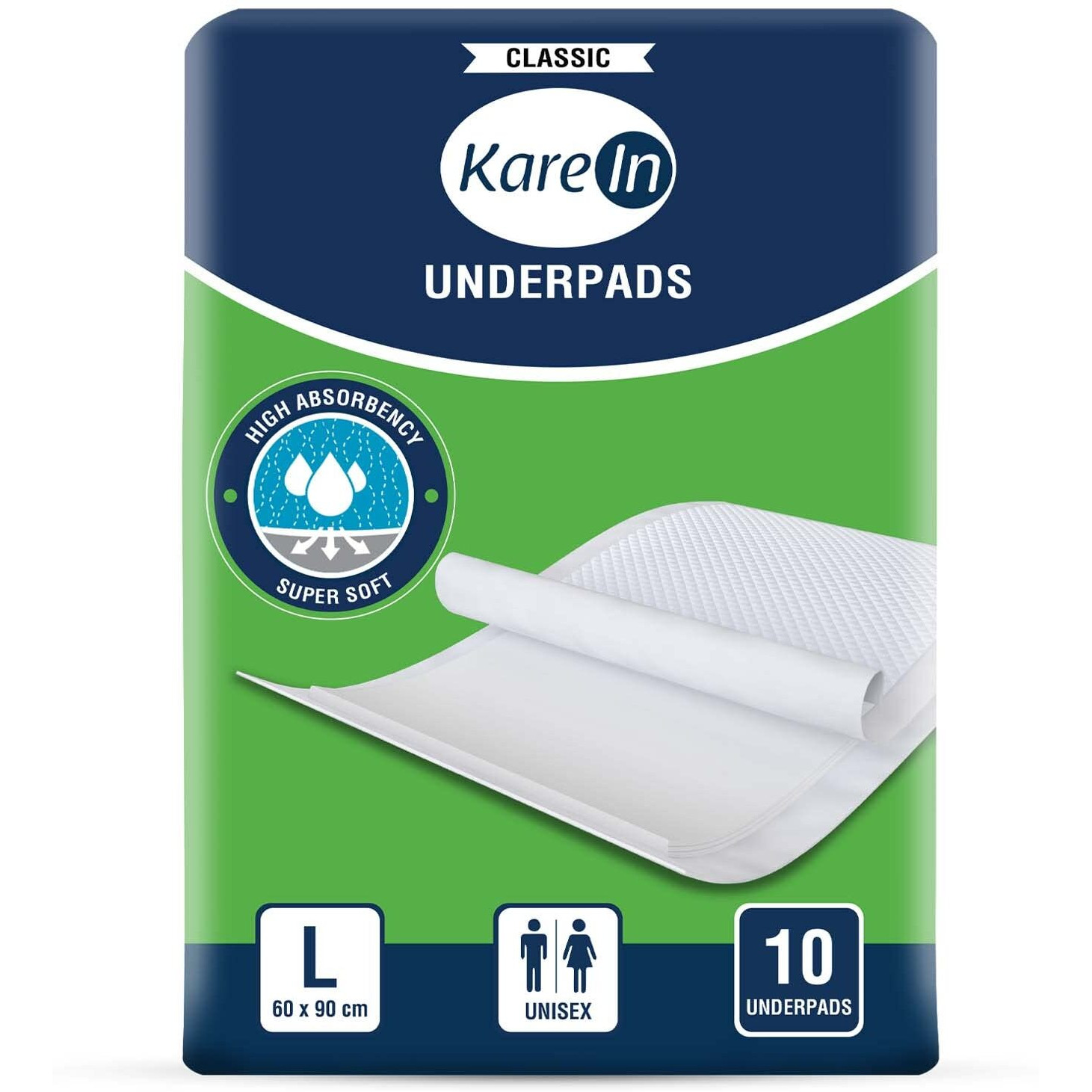 Karein Classic Underpads, Large, 60 X 90 Cm, 10 Count, Superior Absorbency, Leak Proof, Pack Of 1