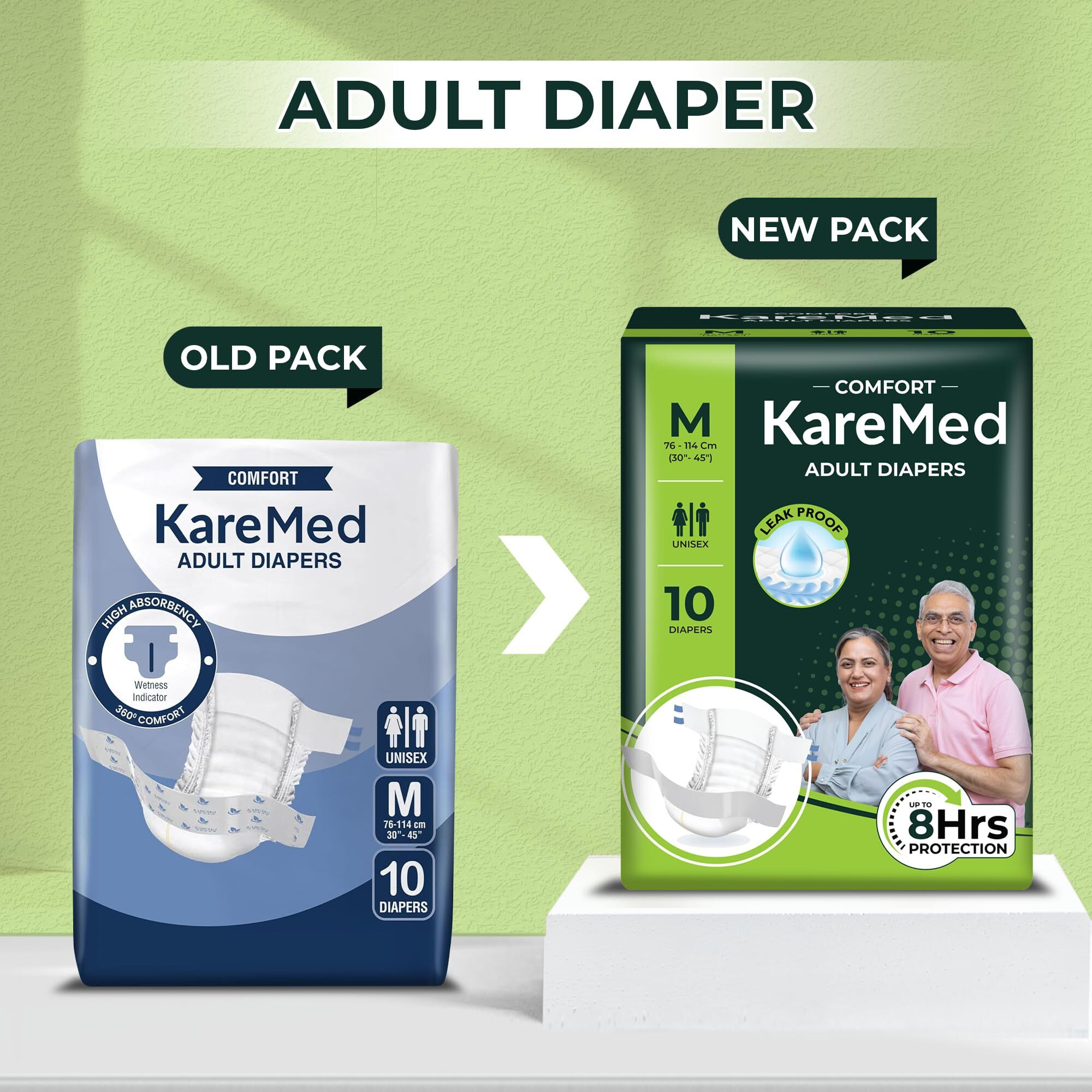 Karemed Comfort Adult Diapers, Medium, Waist Size 76-114 Cm (30"-45"), 10 Count, Tape Style, Unisex, High Absorbency, Leak Proof, Wetness Indicator