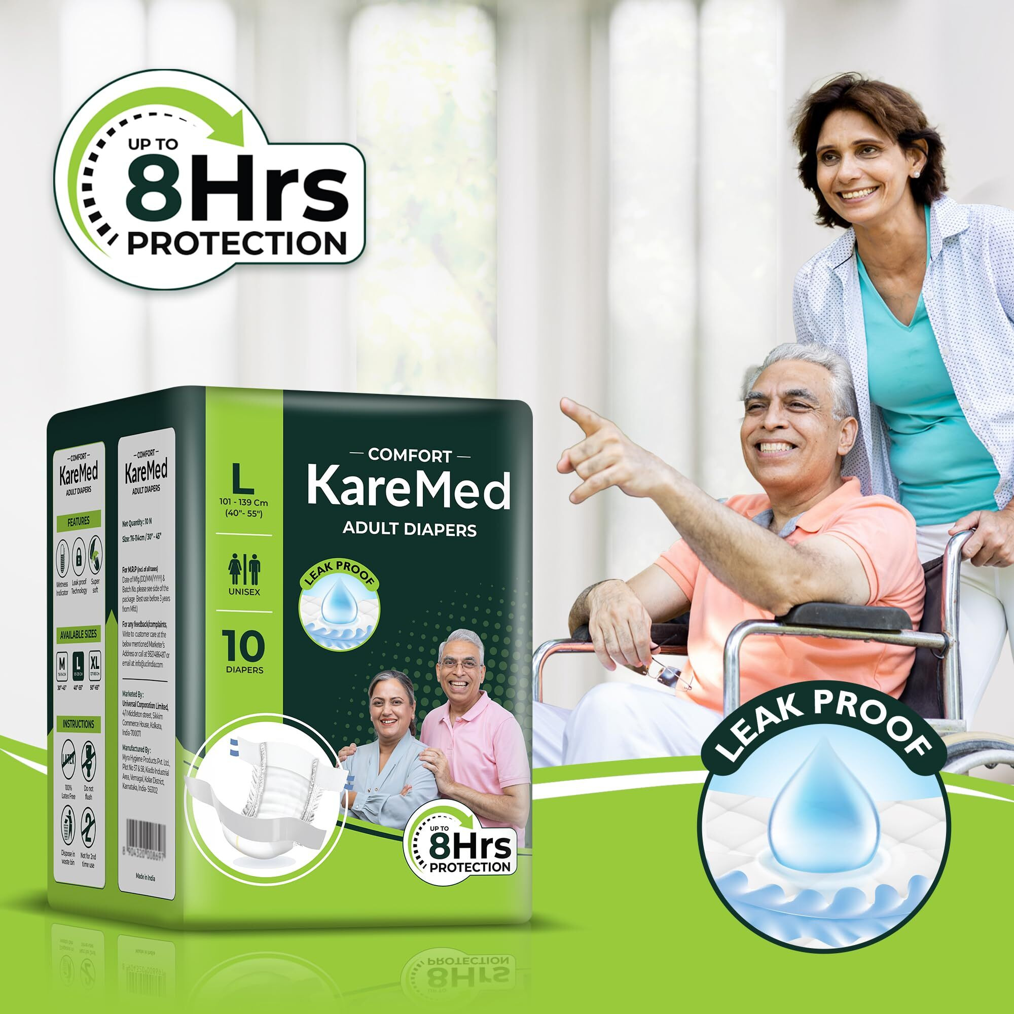 Karemed Comfort Adult Diapers, Large, Waist Size 101-139 Cm (40"-55"), 10 Count, Tape Style, Unisex, High Absorbency, Leak Proof, Wetness Indicator
