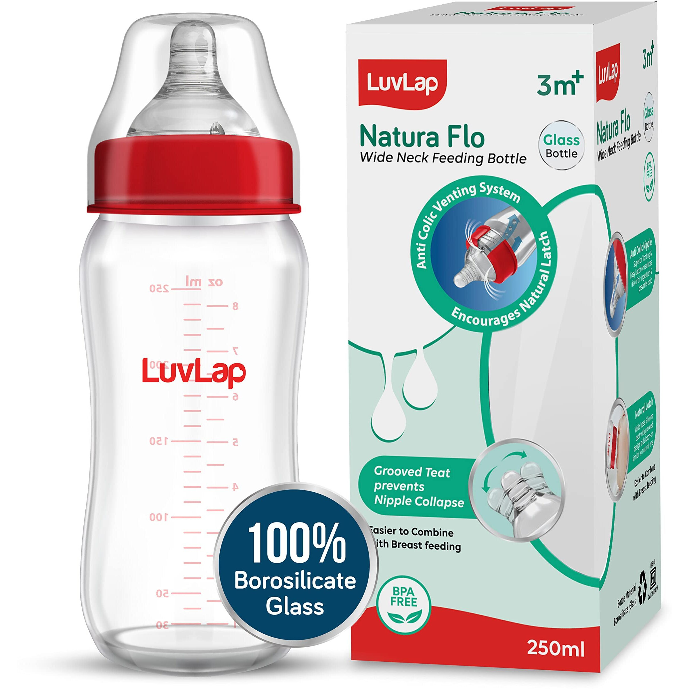 Luvlap Natura Flo Wide Neck Glass Feeding Bottle, New Born/Infants/Toddler Upto 3 Years, Bpa Free, Ergonomic Shape Is Easy To Hold, With Anti Colic Nipple, 250Ml