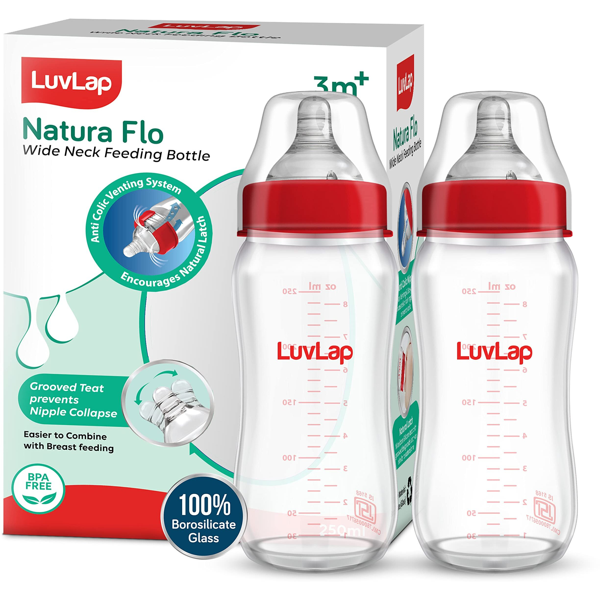 Luvlap Natura Flo Wide Neck Glass Feeding Bottle, New Born/Infants/Toddler Upto 3 Years, Bpa Free, Ergonomic Shape Is Easy To Hold, With Anti Colic Nipple, Pack Of 2, 250Ml