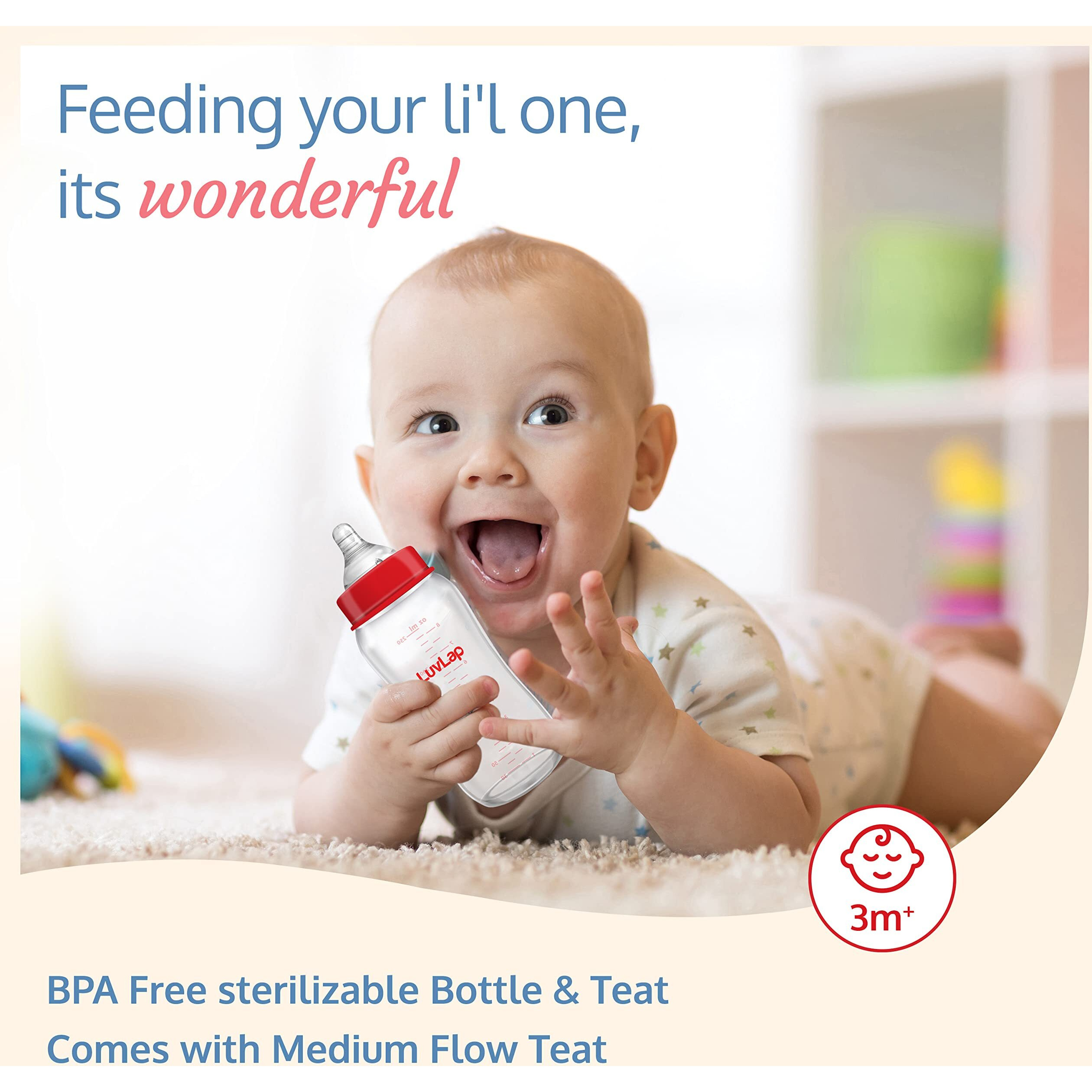 Luvlap Natura Flo Wide Neck Glass Feeding Bottle, New Born/Infants/Toddler Upto 3 Years, Bpa Free, Ergonomic Shape Is Easy To Hold, With Anti Colic Nipple, Pack Of 2, 250Ml