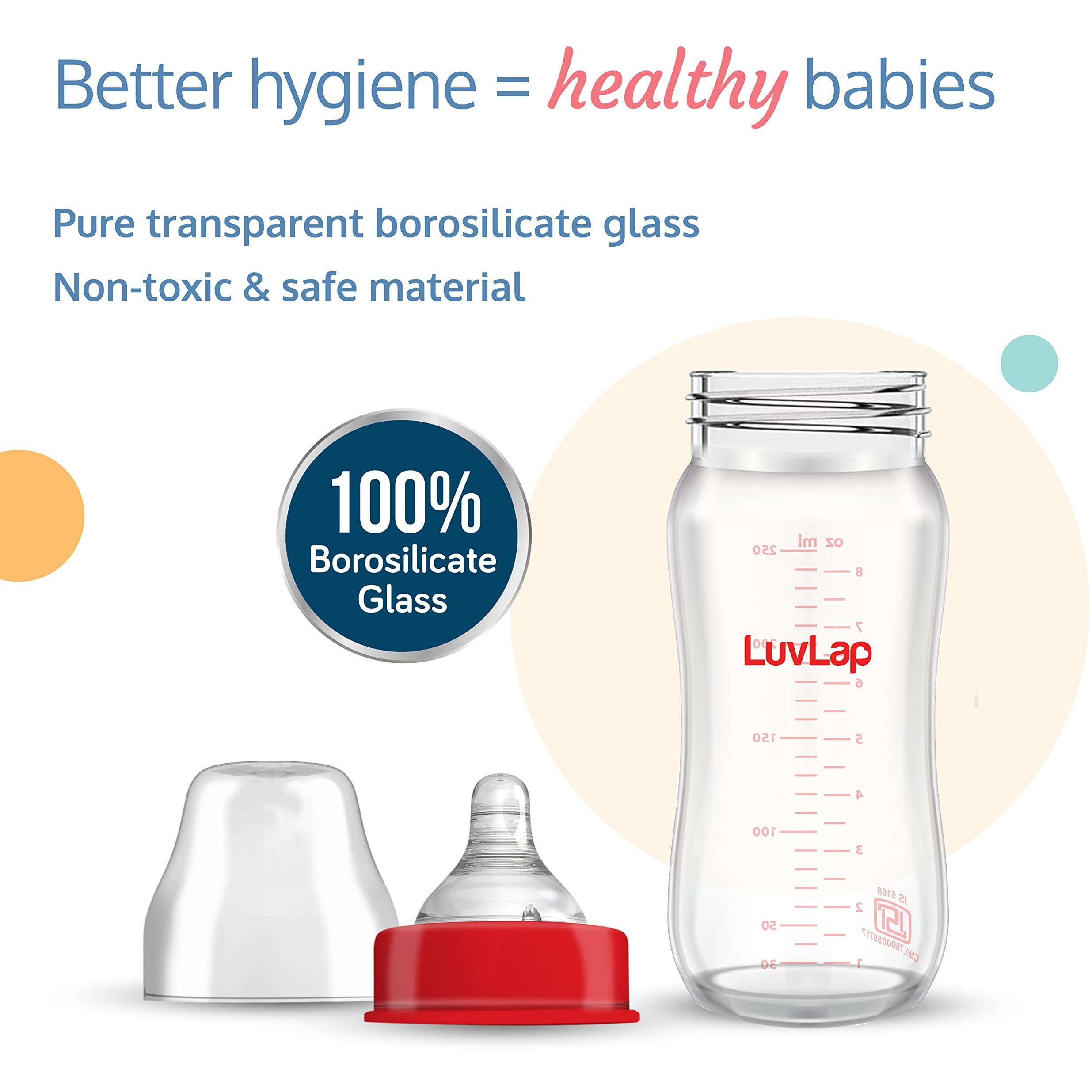 Luvlap Natura Flo Wide Neck Glass Feeding Bottle, New Born/Infants/Toddler Upto 3 Years, Bpa Free, Ergonomic Shape Is Easy To Hold, With Anti Colic Nipple, Pack Of 2, 250Ml