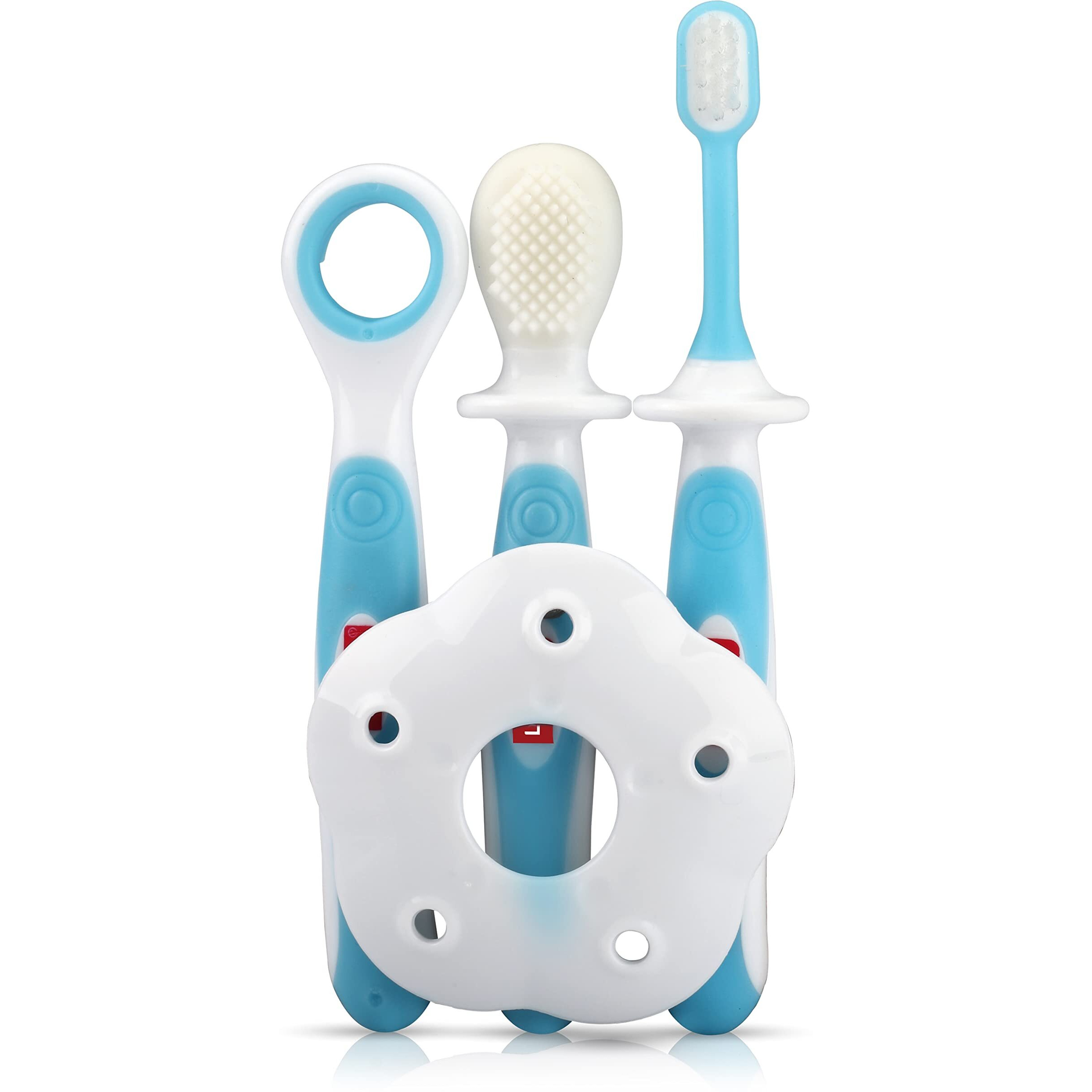 Luvlap Baby Training Manual Toothbrush Set For Kids With Anti Choking Shield,Teeth Tongue Cleaner,Baby Oral Hygiene,3 Pcs,(White/Blue)