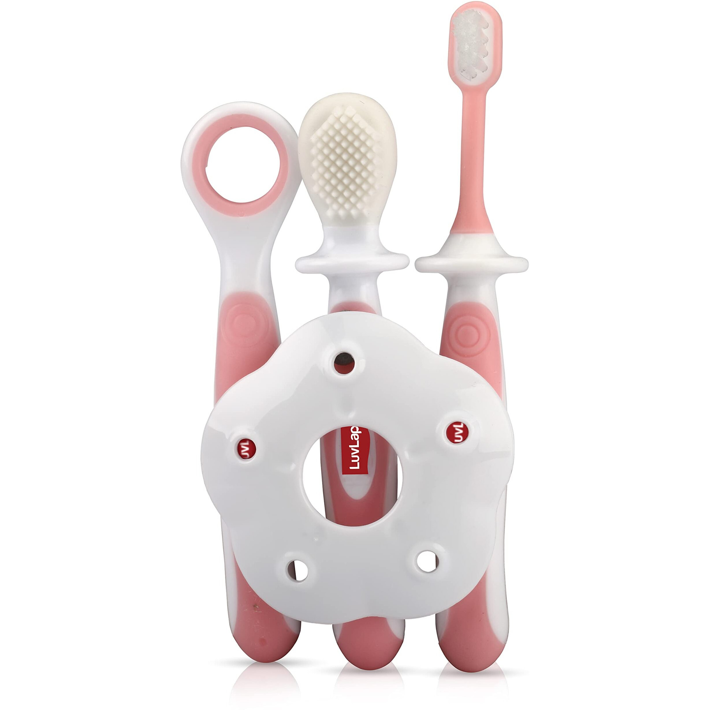 Luvlap Baby Training Manual Toothbrush Set With Anti Choking Shield, Teeth Tongue Cleaner, Baby Oral Hygiene, 3 Pcs, (White/Pink)