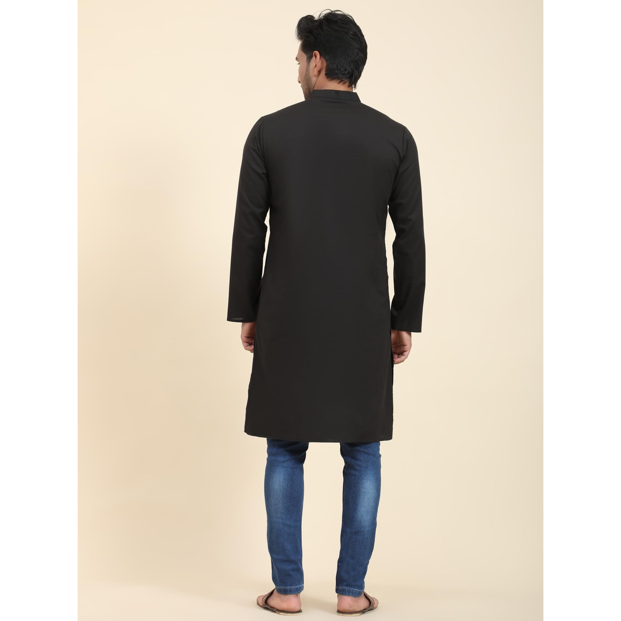 Skavij Men's Cotton Kurta Summer Casual Long Shirt Regular Fit Black_X-Large