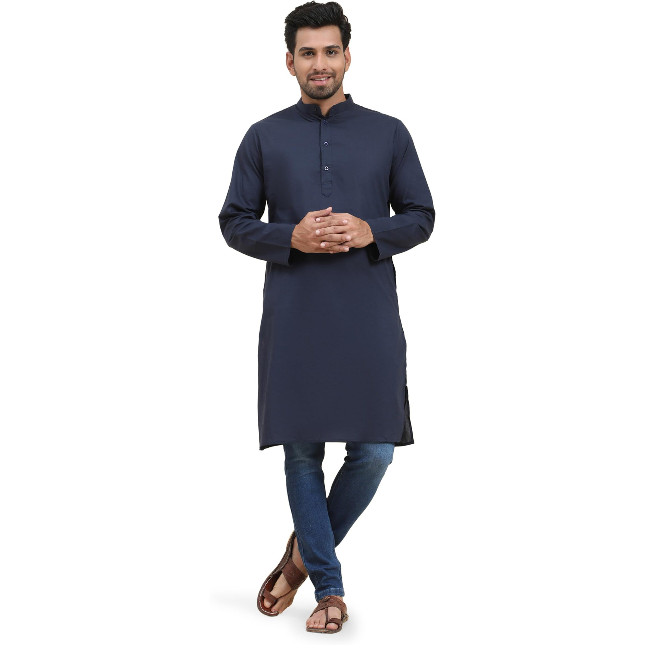 Skavij Men's Cotton Kurta Summer Casual Long Shirt Regular Fit Blue_Large