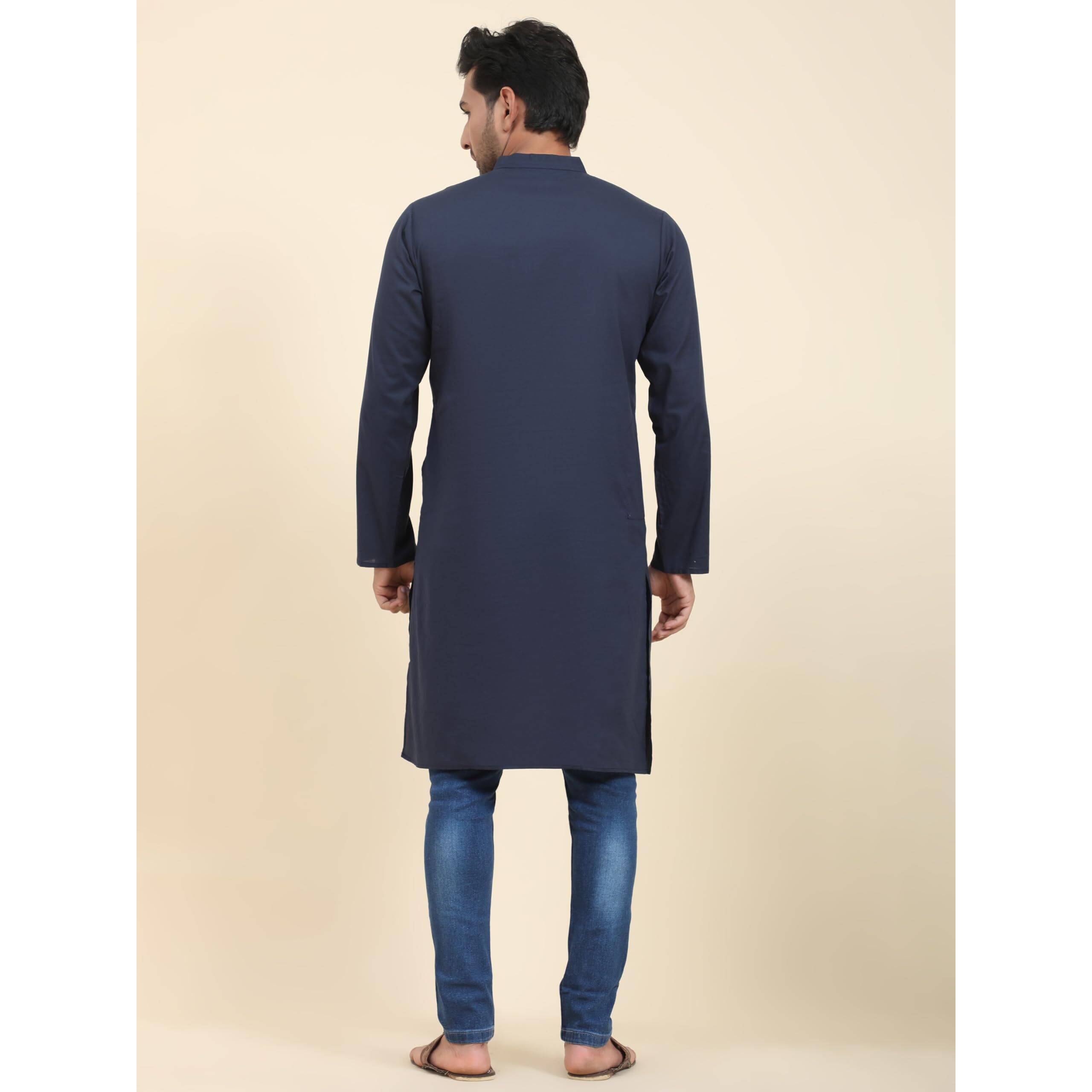 Skavij Men's Cotton Kurta Summer Casual Long Shirt Regular Fit Blue_Large