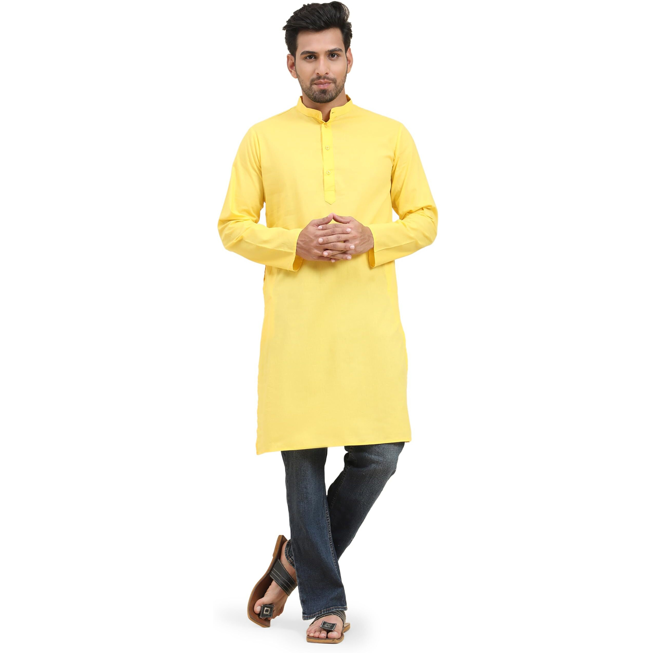 Skavij Men's Cotton Kurta Summer Casual Long Shirt Regular Fit Gold_Medium
