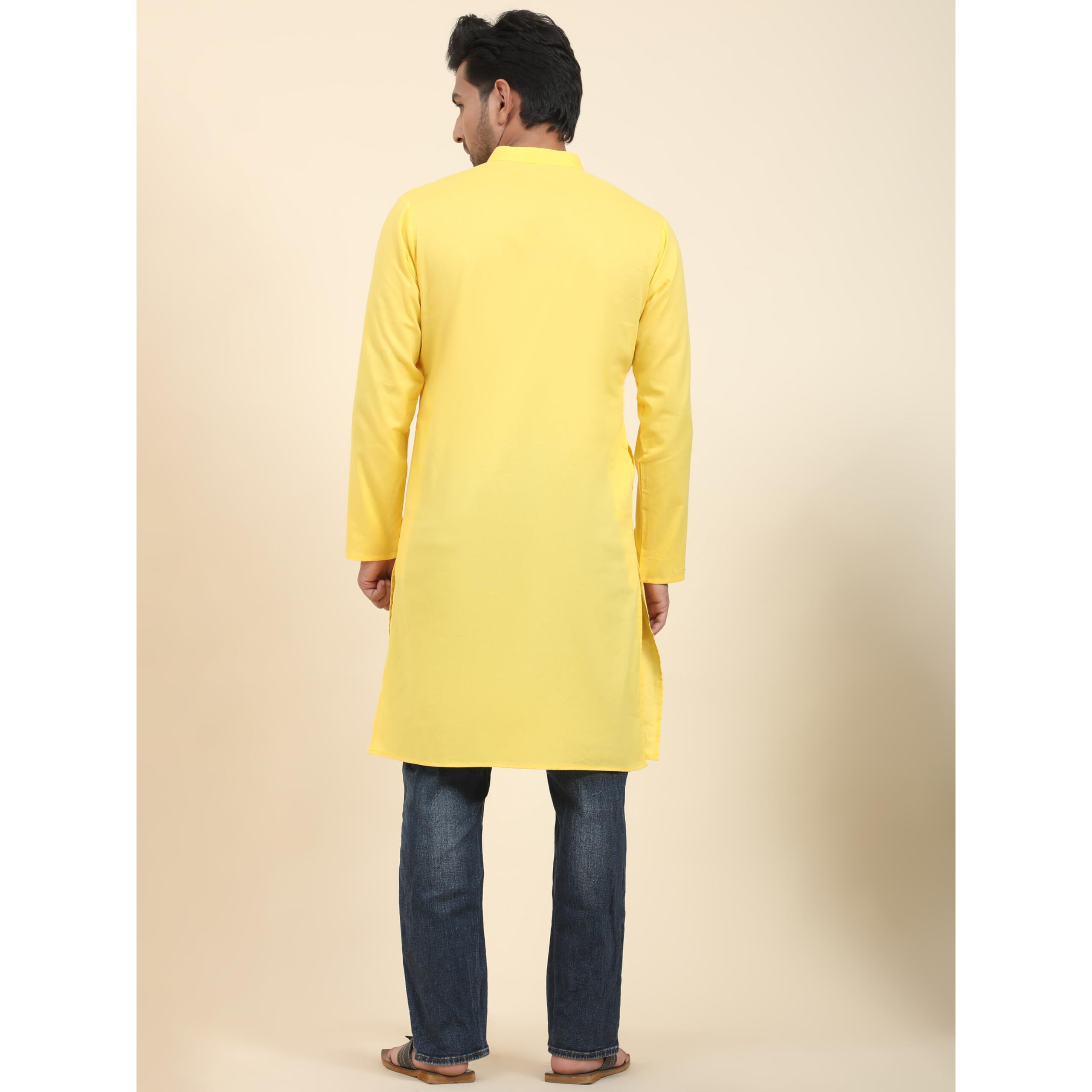 Skavij Men's Cotton Kurta Summer Casual Long Shirt Regular Fit Gold_Medium