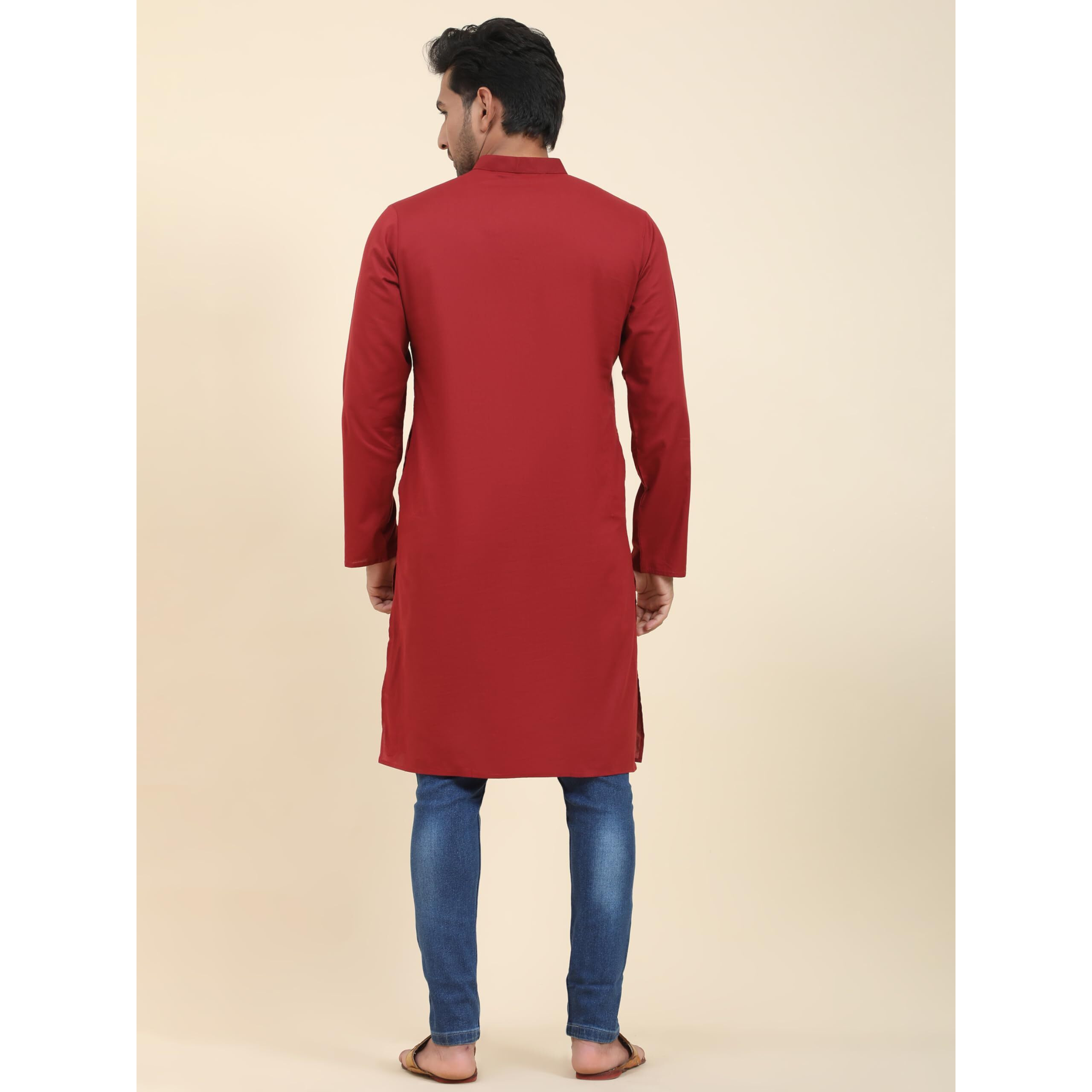 Skavij Men's Cotton Kurta Summer Casual Long Shirt Regular Fit Red_X-Large