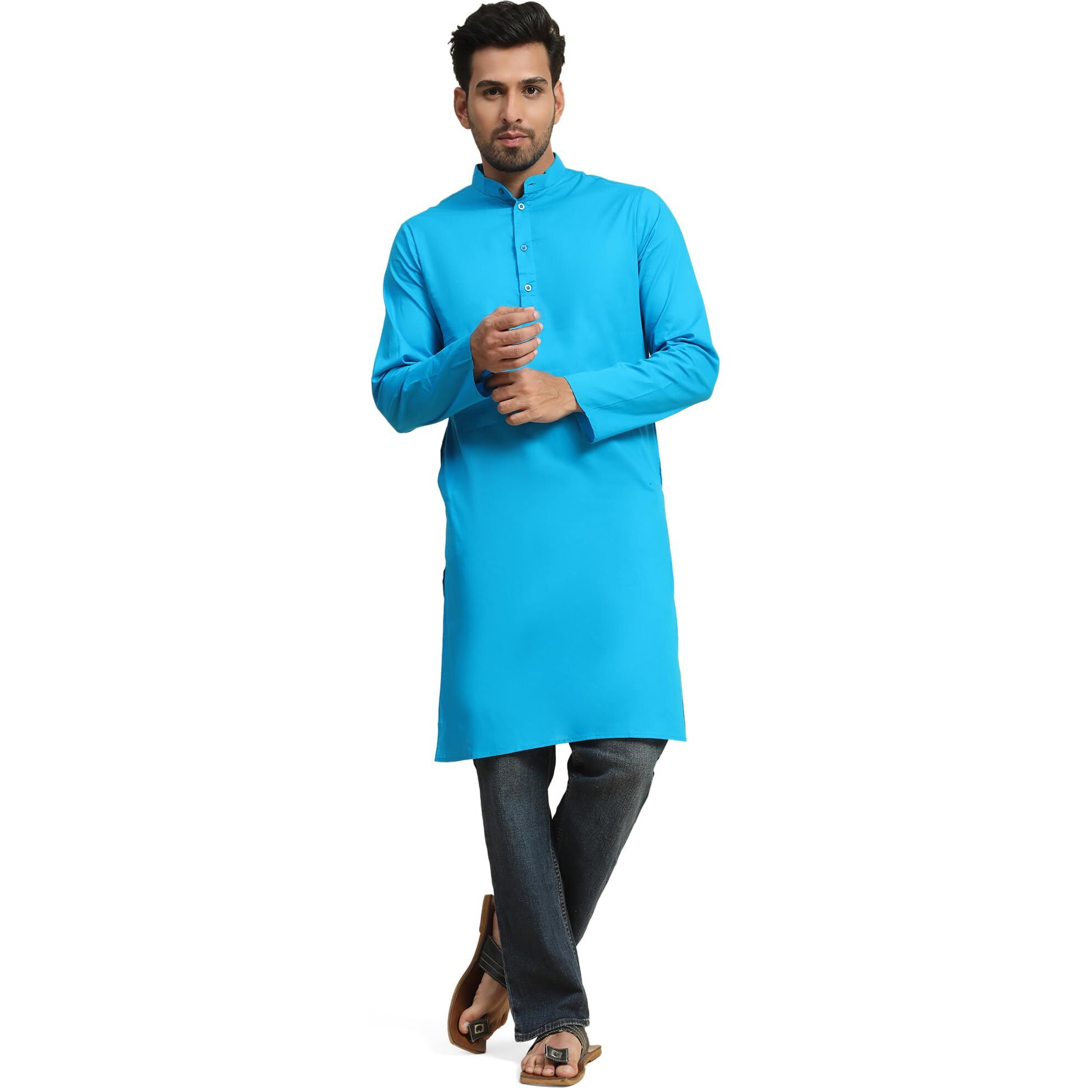 Skavij Men's Cotton Kurta Summer Casual Long Shirt Regular Fit Turquoise_Medium