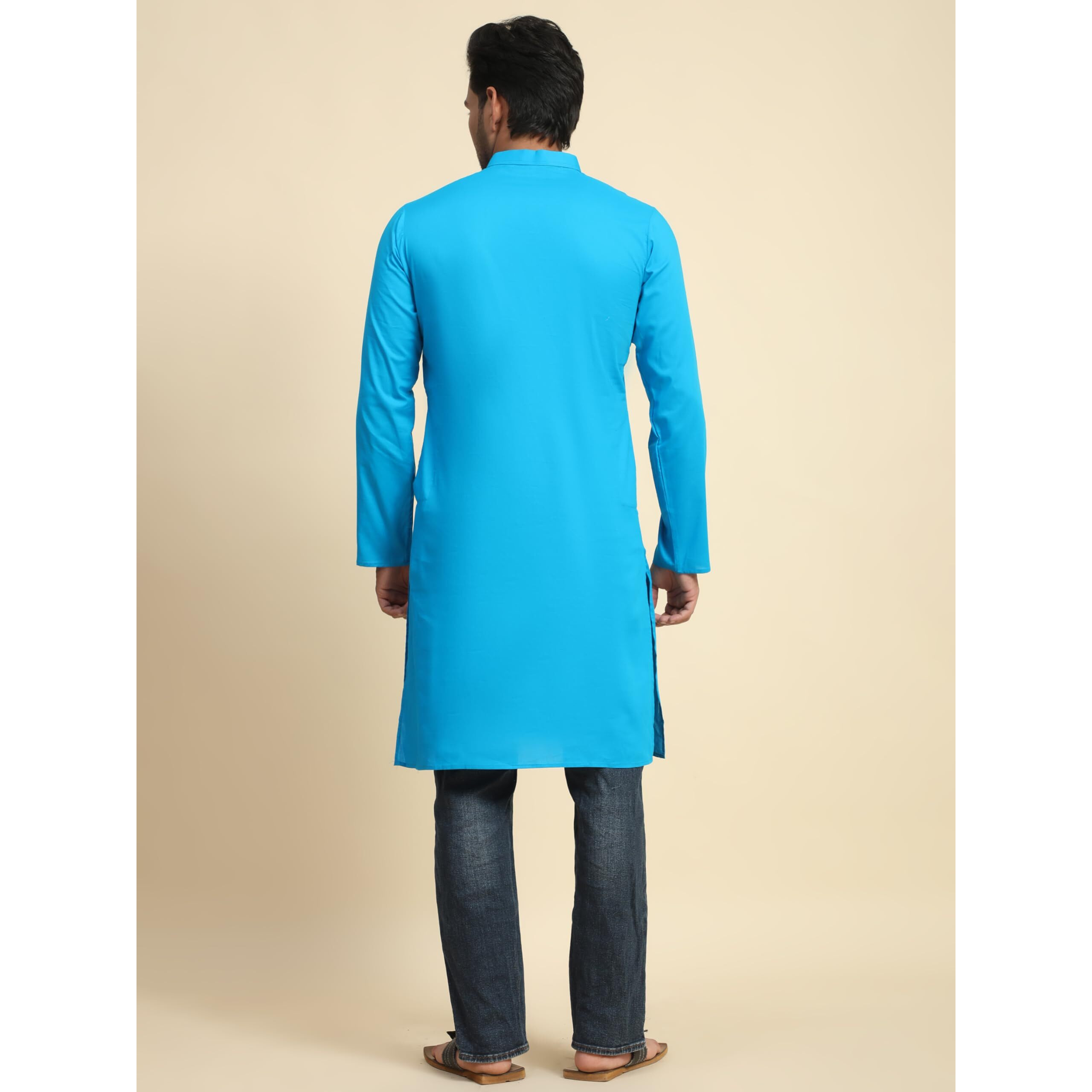 Skavij Men's Cotton Kurta Summer Casual Long Shirt Regular Fit Turquoise_Medium