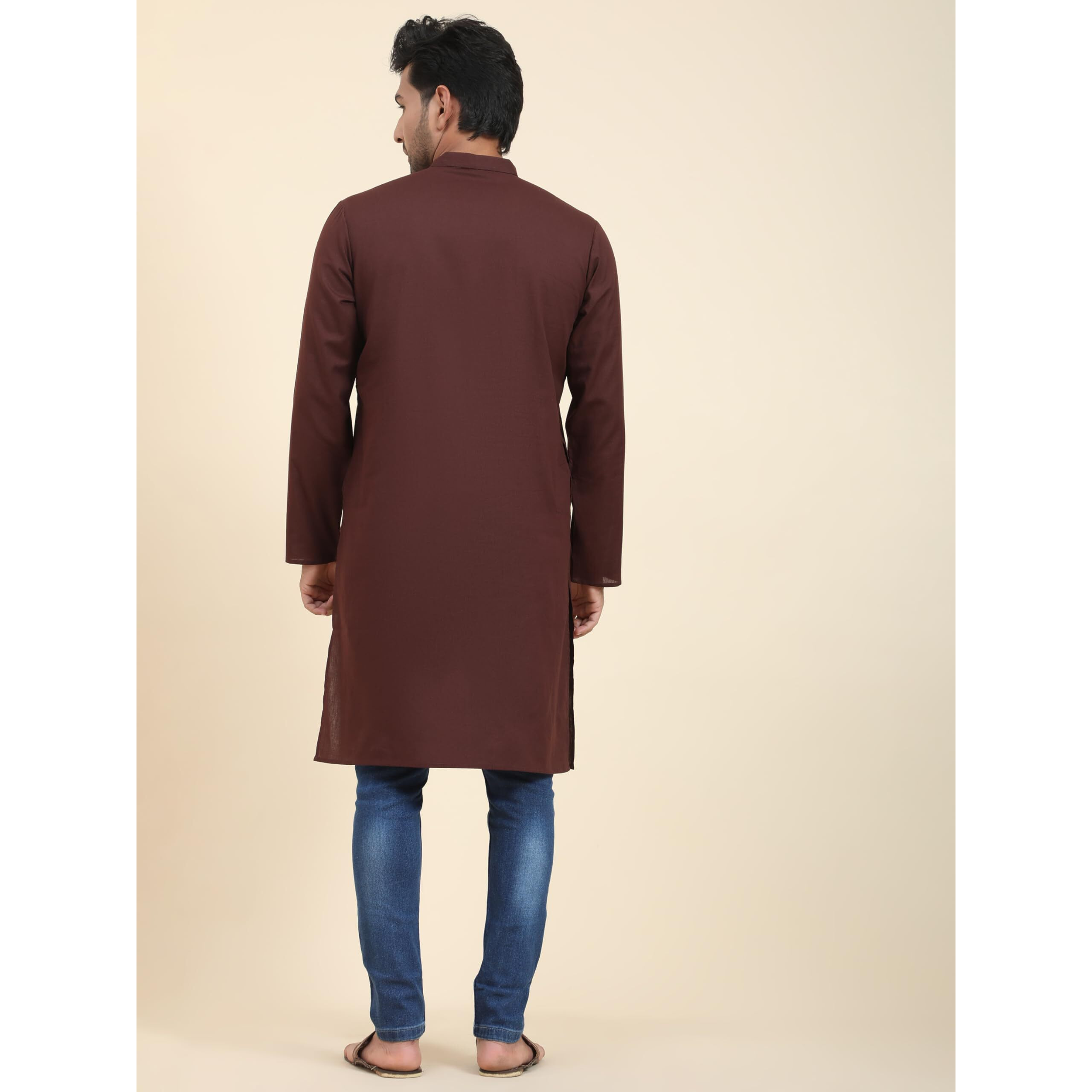 Skavij Mens Cotton Casual Wear Modern Kurta Shirt For Everyday Use Yoga Outfit Brown_X-Large