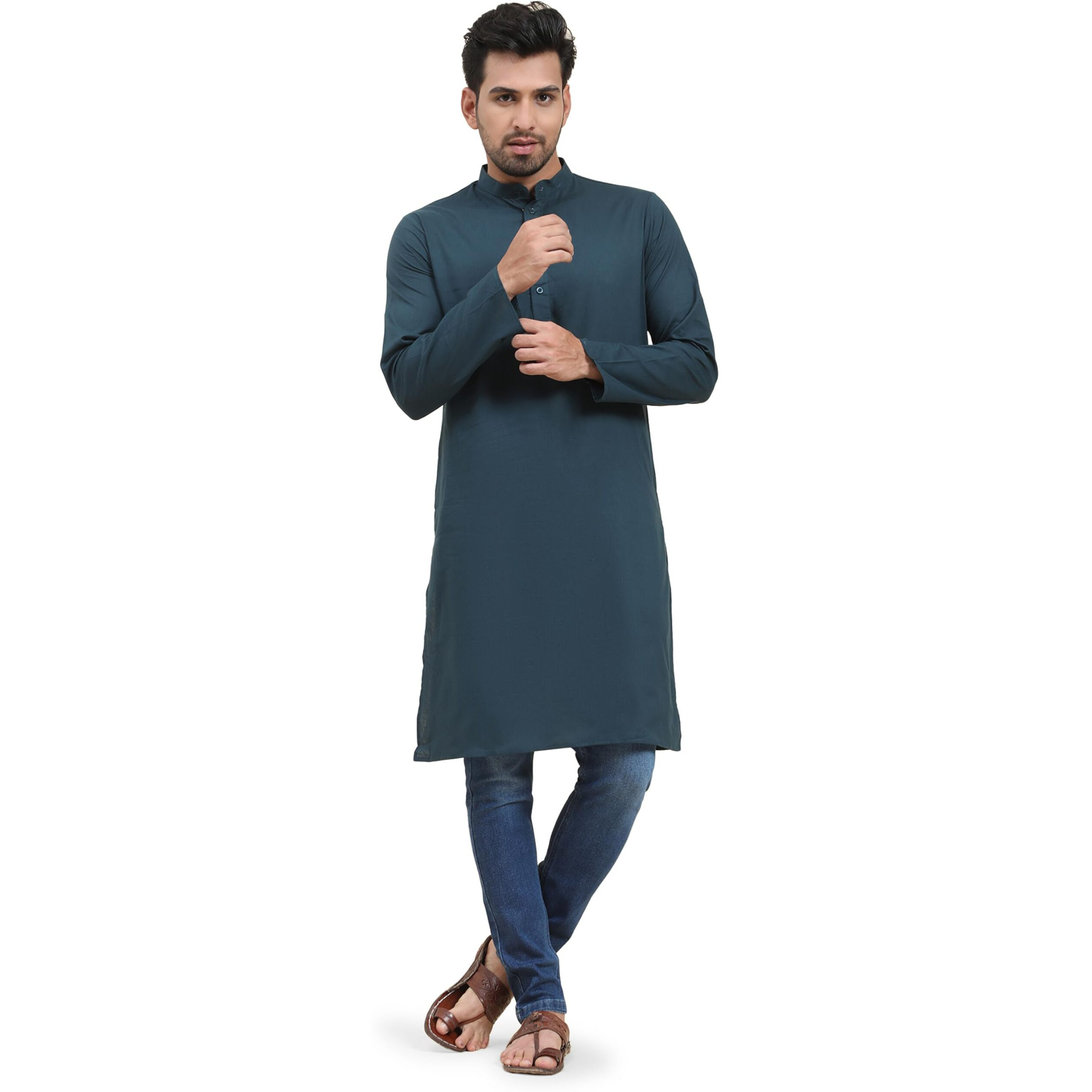 Skavij Mens Cotton Casual Wear Modern Kurta Shirt For Everyday Use Yoga Outfit Green_Medium