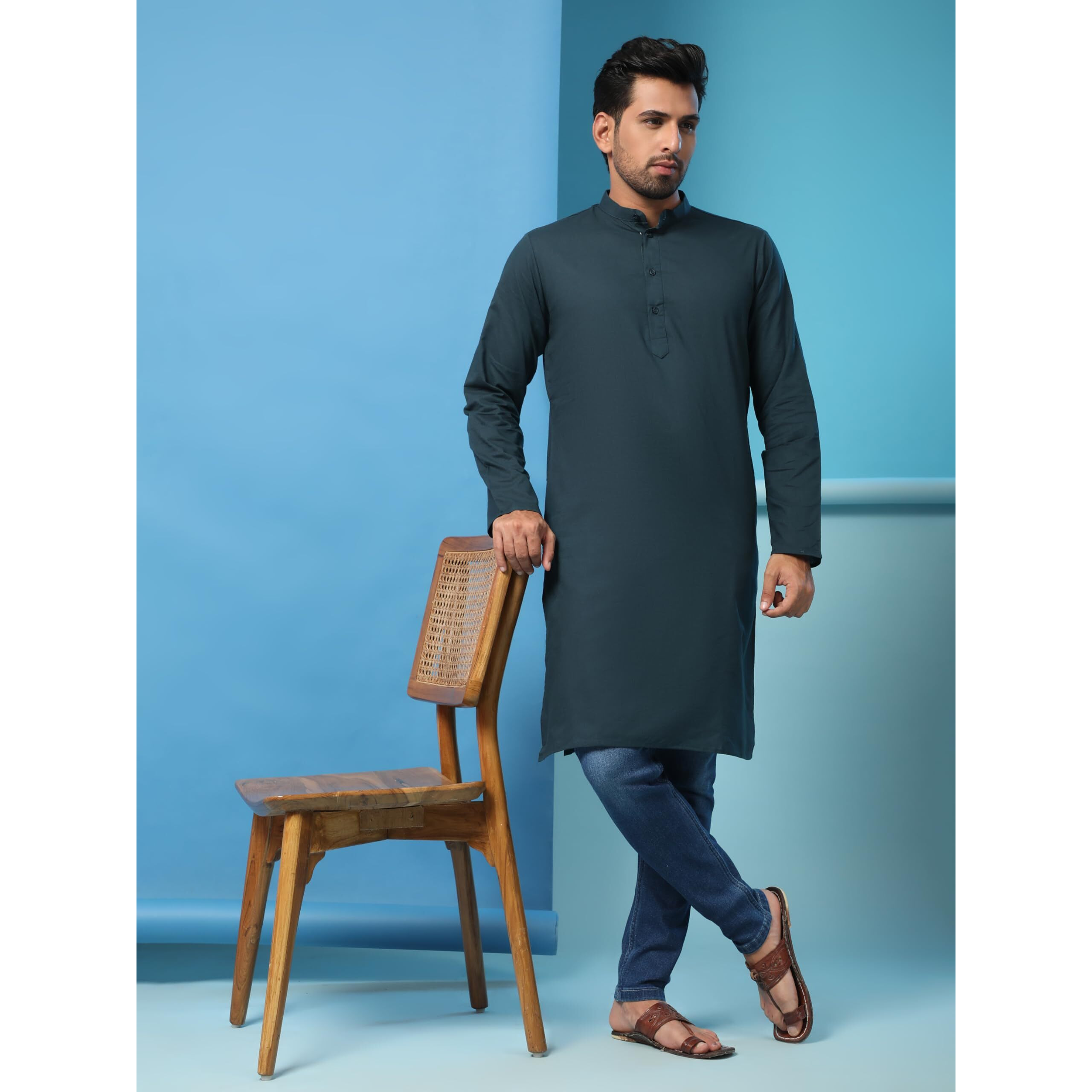 Skavij Mens Cotton Casual Wear Modern Kurta Shirt For Everyday Use Yoga Outfit Green_Medium