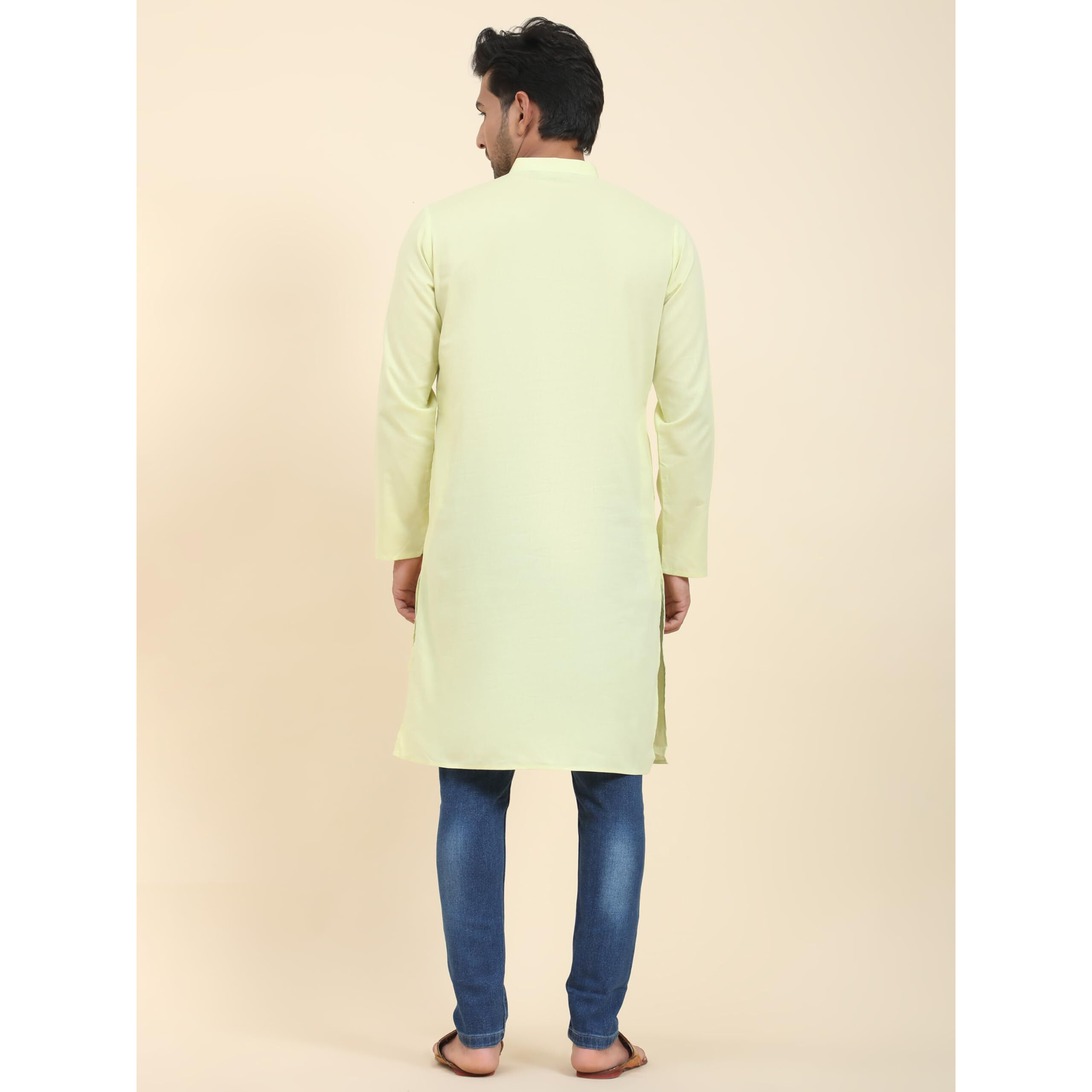 Skavij Mens Cotton Casual Wear Modern Kurta Shirt For Everyday Use Yoga Outfit Lemon_Small