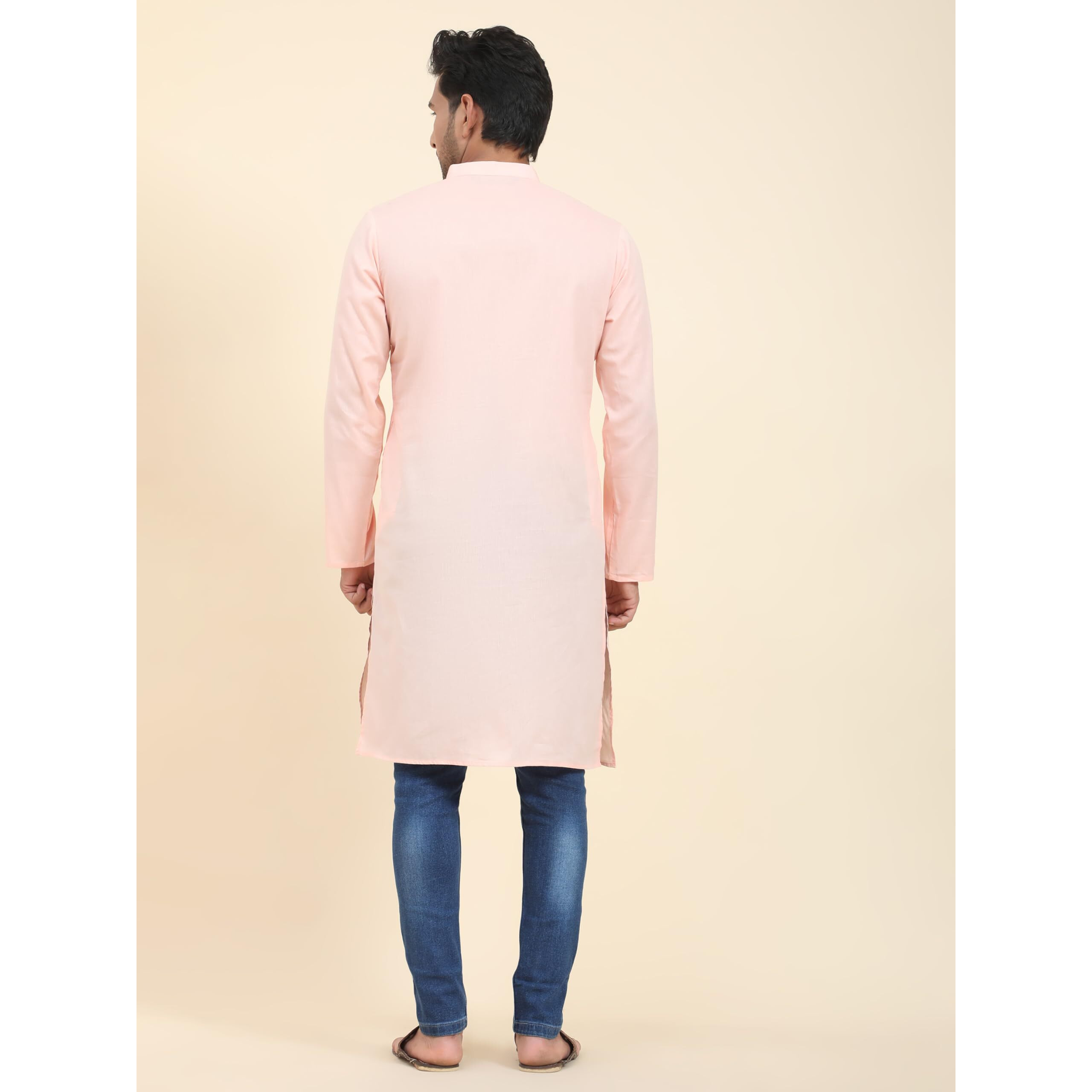 Skavij Mens Cotton Casual Wear Modern Kurta Shirt For Everyday Use Yoga Outfit Pink_Large